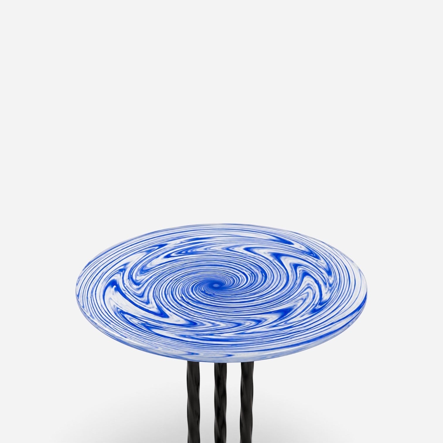 Addo Shop round side table featuring a blue and white swirling marble pattern top and three black twisted metal legs.