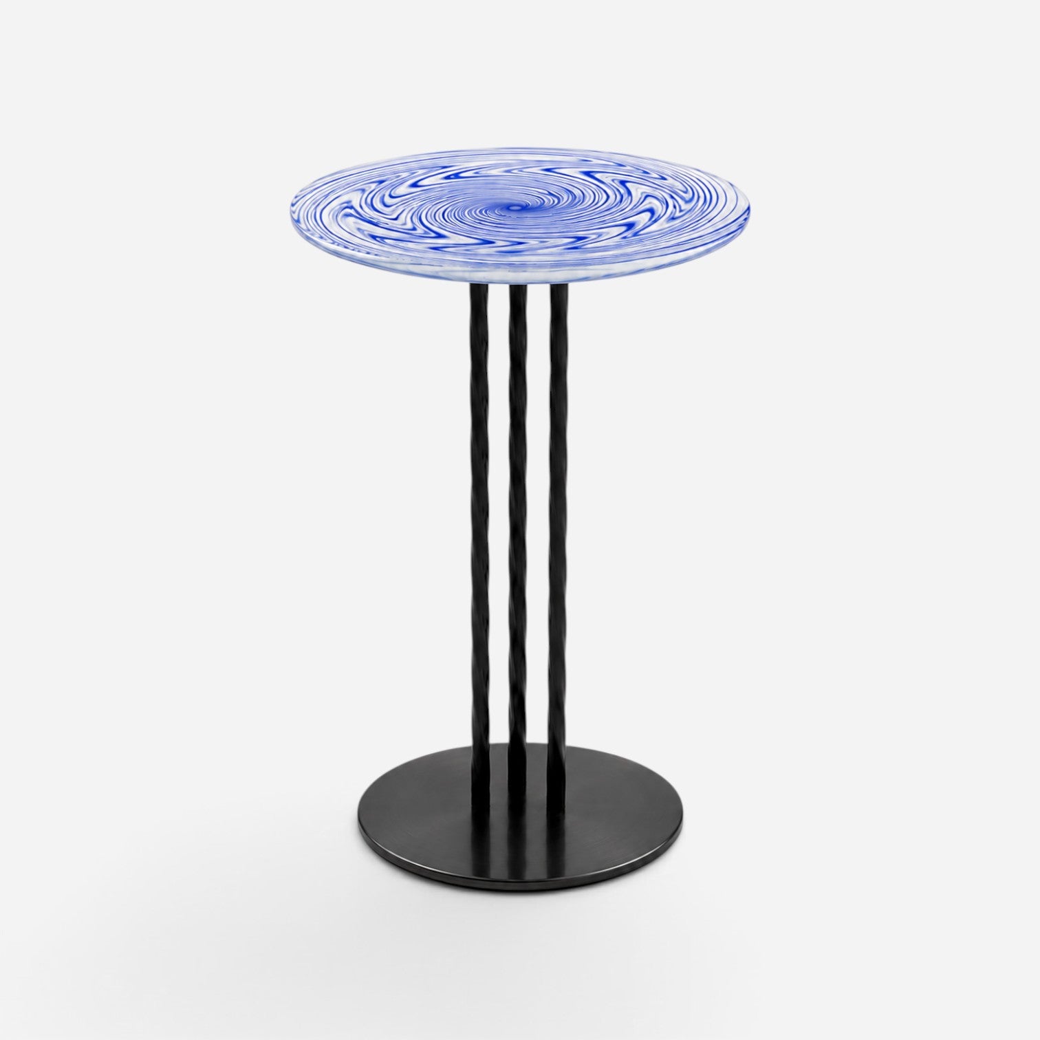 Addo Shop side table with a round blue and white swirled glass top and three slender black metal legs.