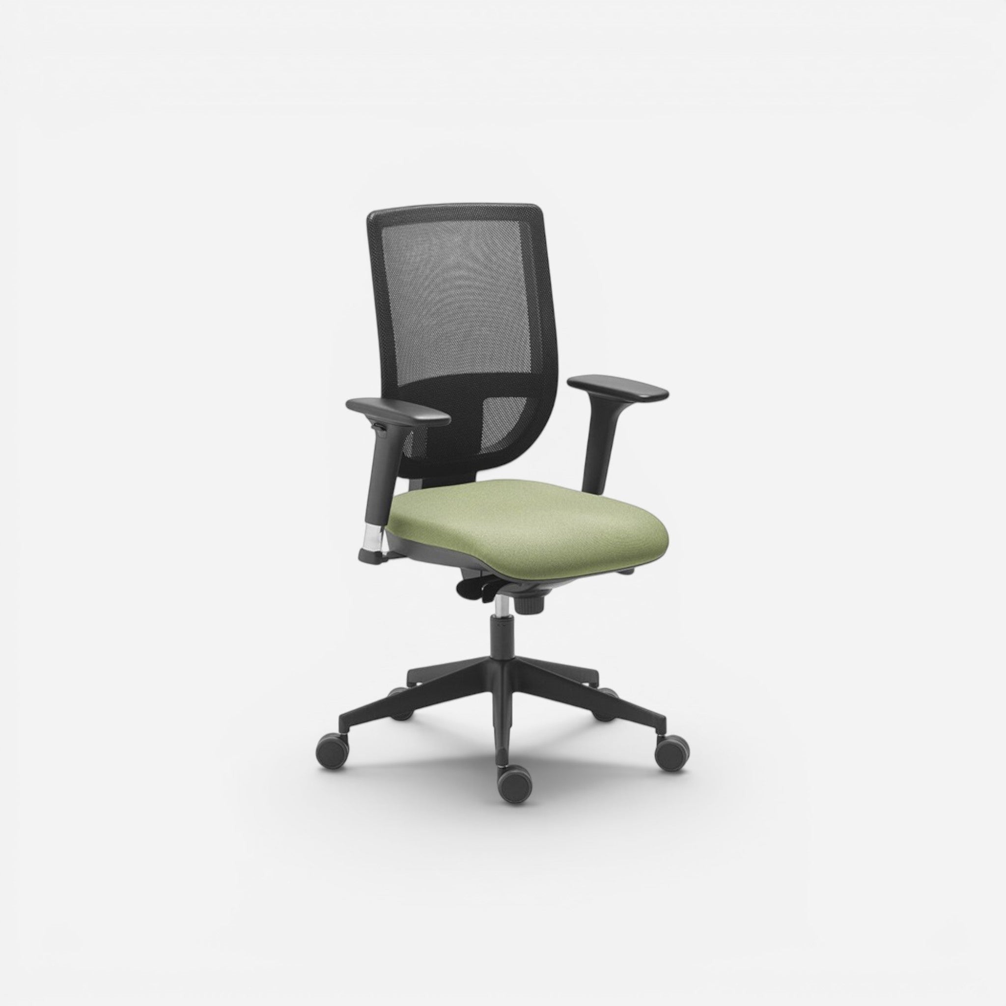 Addo Shop T-Max ergonomic office chair with black mesh back and light green fabric seat, adjustable arms