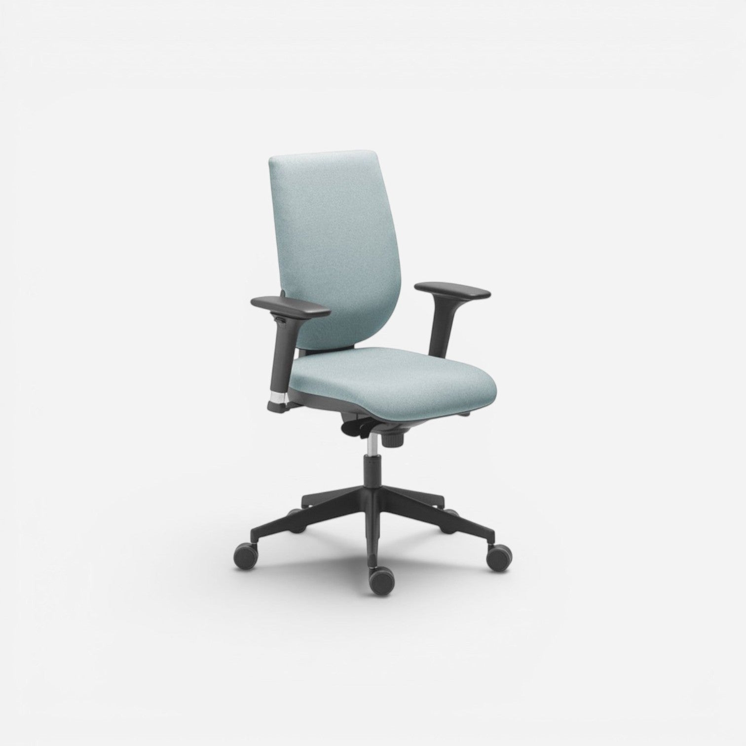 Addo Shop T-Max ergonomic office chair with light blue fabric seat and back, black PP base, and 2D armrests.