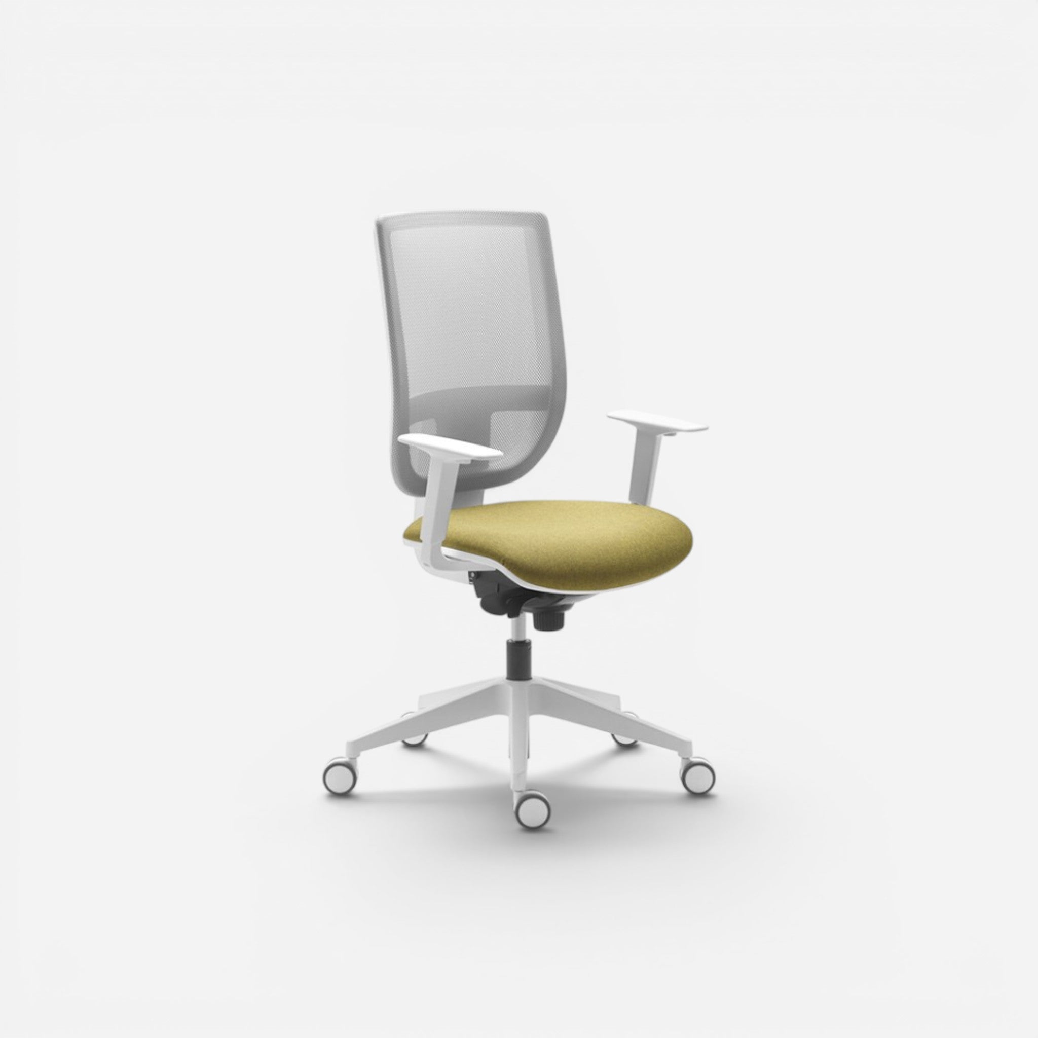 Addo Shop T-Max ergonomic office chair with white frame, grey mesh back, and mustard fabric seat. Features 2D armrests and a synchronized mechanism.