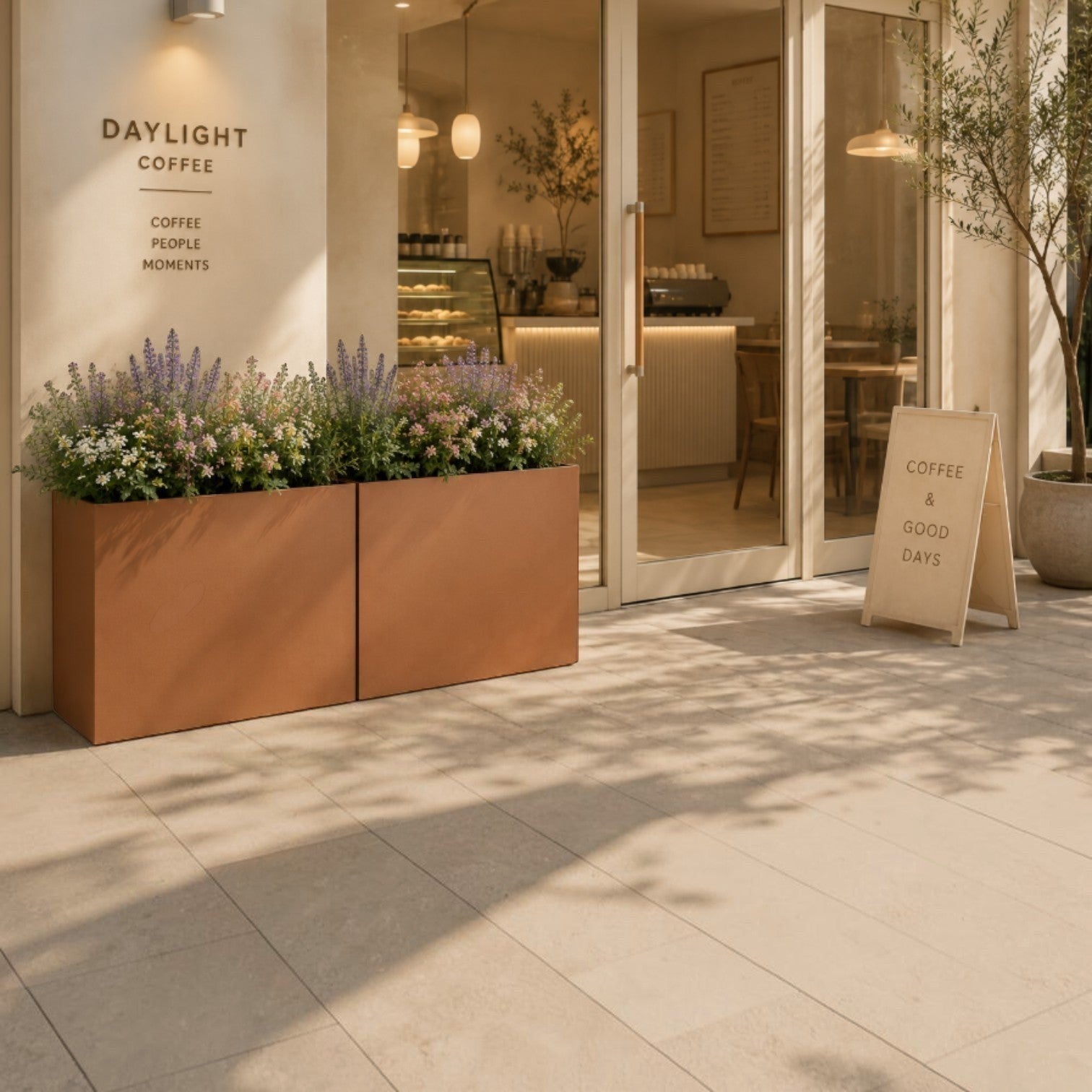 Addo Shop rectangular terracotta-colored metal planter box filled with purple and white flowers outside a cafe.