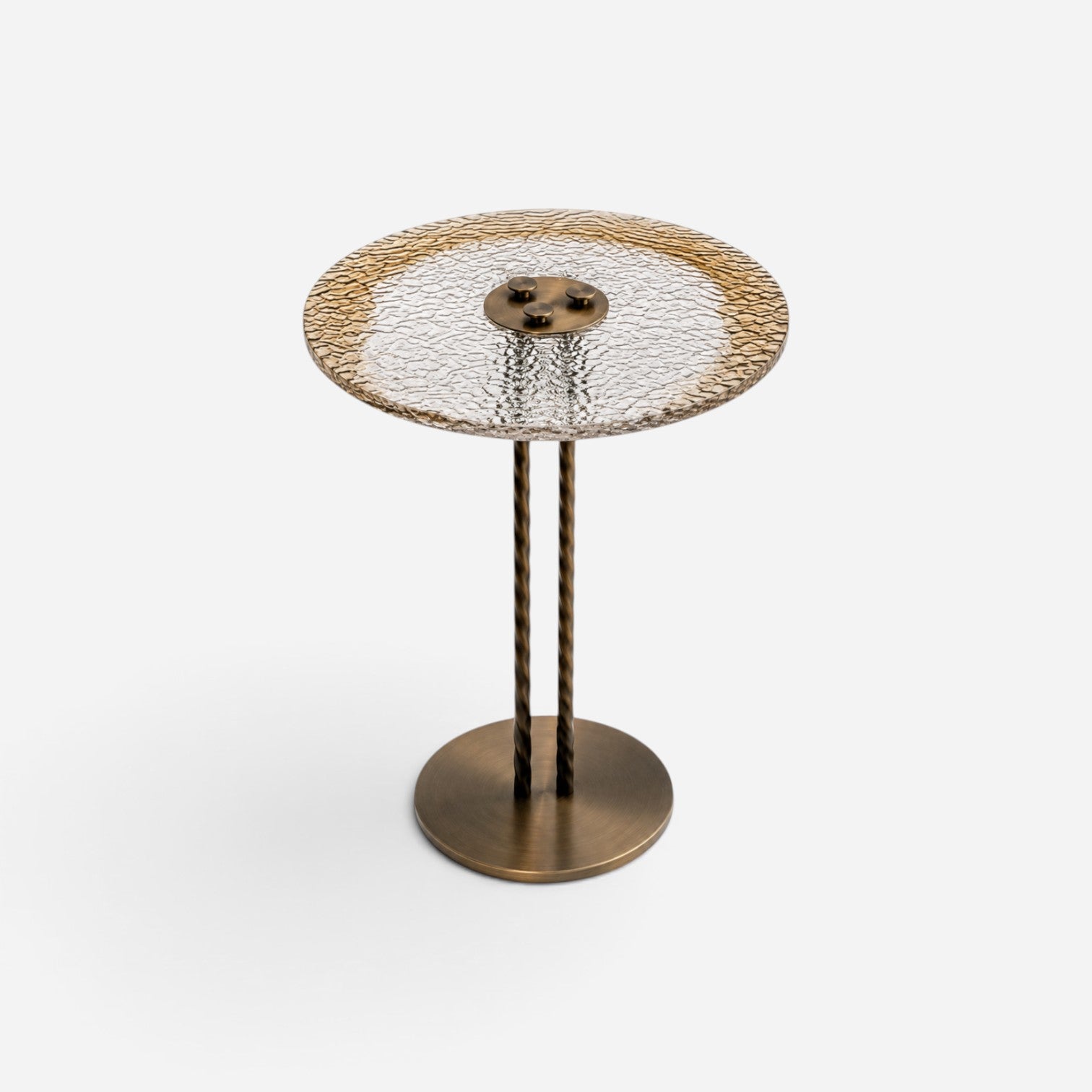 Addo Shop round side table with a textured glass top and dual twisted bronze metal legs on a circular base