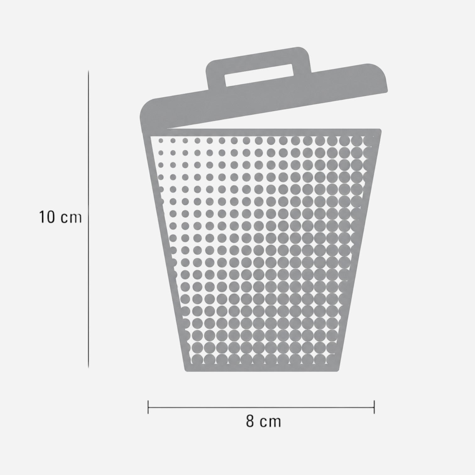 Addo Shop grey trash can icon label with dotted pattern, 10cm by 8cm dimensions for waste management organization.