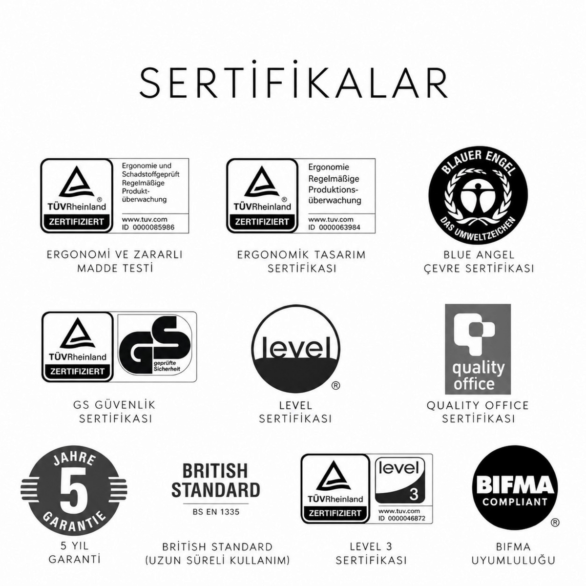 Addo Shop TWENTYFOUR office chair certifications including TÜV Rheinland, Blue Angel, and BIFMA compliance logos.