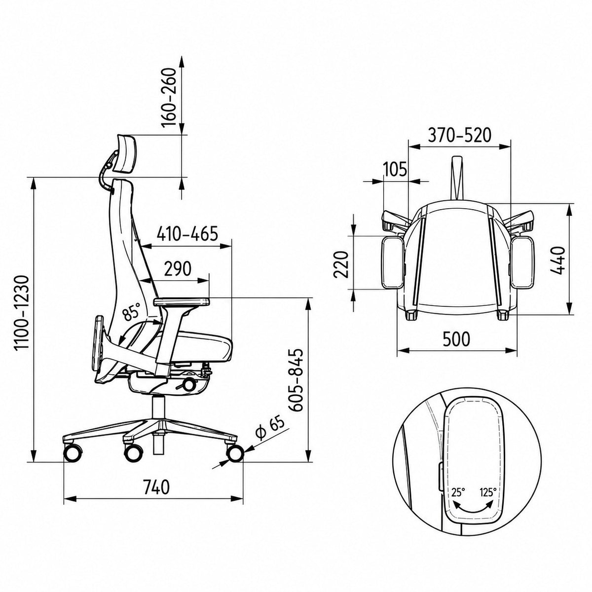 Addo Shop TWENTYFOUR ergonomic office chair technical drawing showing dimensions, headrest, and 5D armrest adjustments.