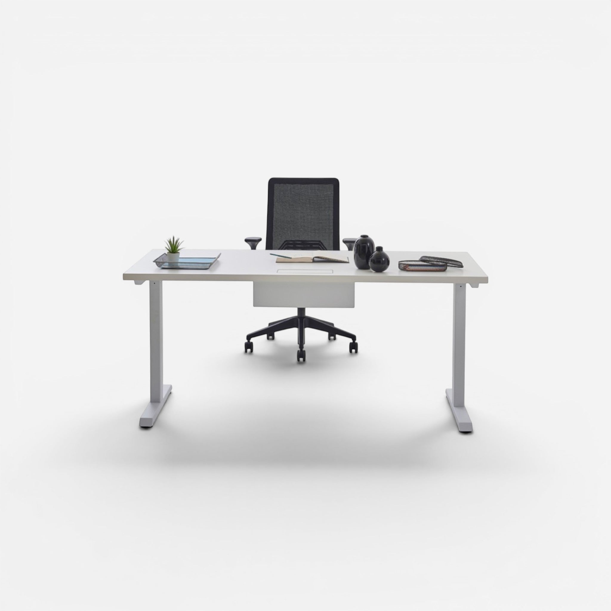 Addo Shop Up Down sit-stand desk with white laminate top and silver metal legs, 160x80cm, height adjustable 75-122cm.