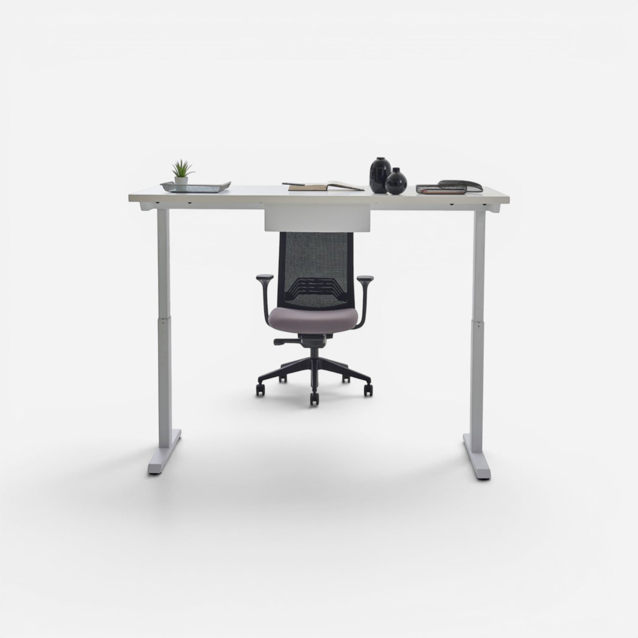 Addo Shop Up Down ergonomic sit-stand desk with white laminate top and grey metal legs, 160x80cm.