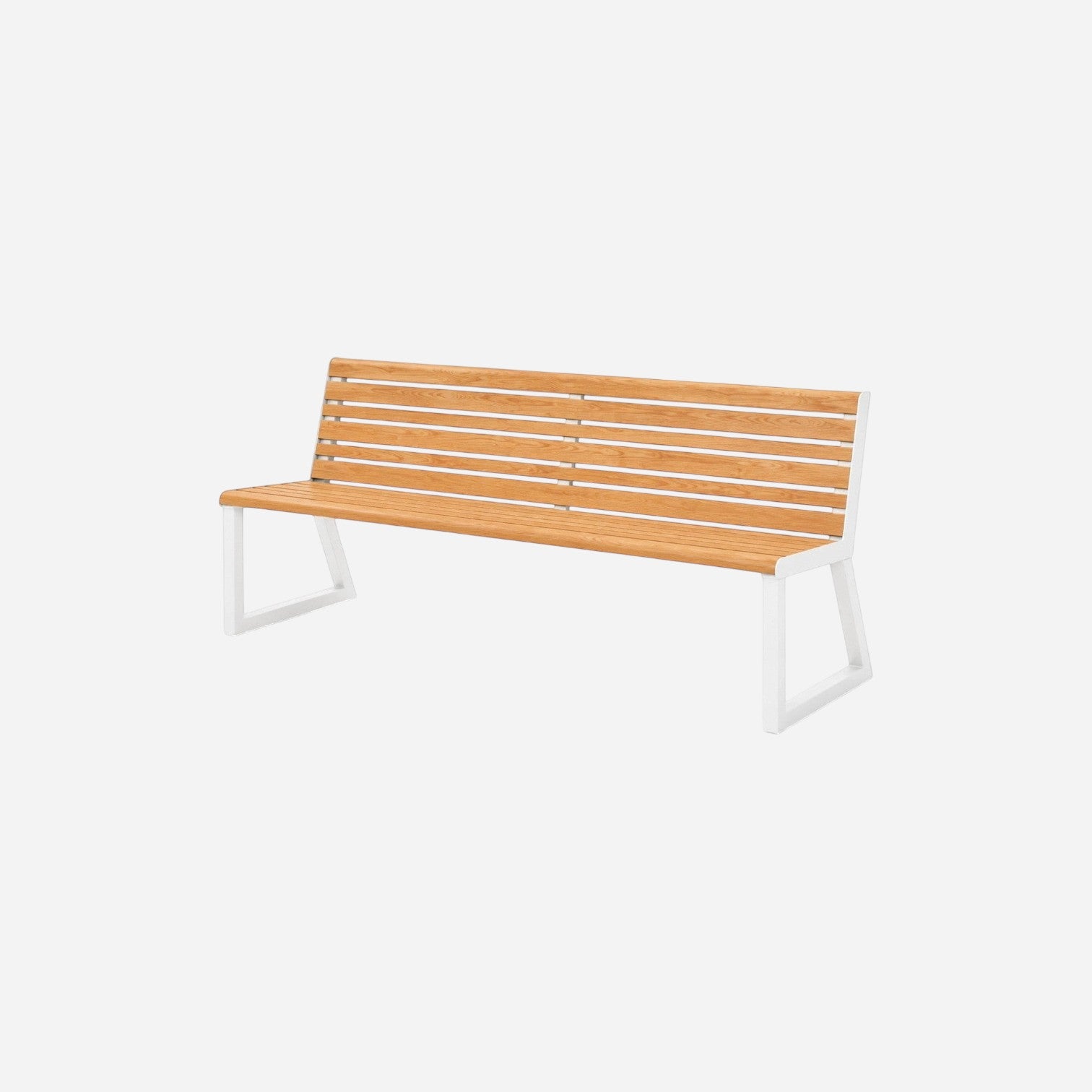 Addo Shop Ventiquattrore.h24 outdoor bench with natural wood slats and a modern white metal frame.