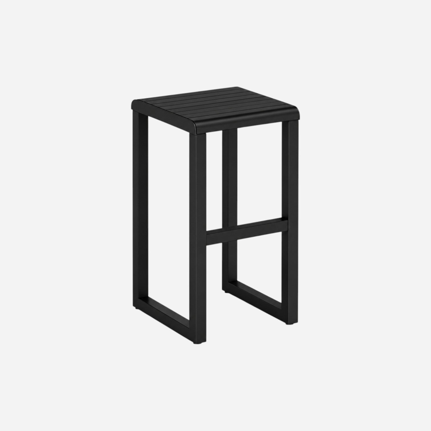 Addo Shop Ventiquattrore.h24 stool in matte black with a minimalist metal frame and slatted seat design.