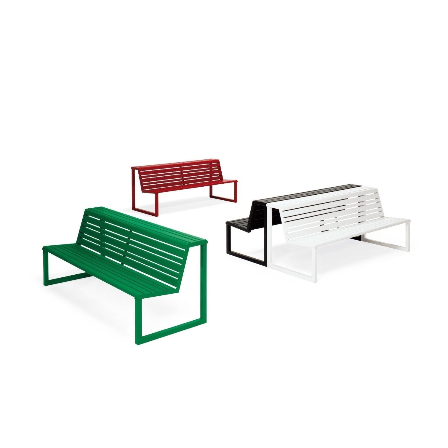 Addo Shop Ventiquattrore.h24 double seat benches with backrests in red, green, black, and white metal slat design.