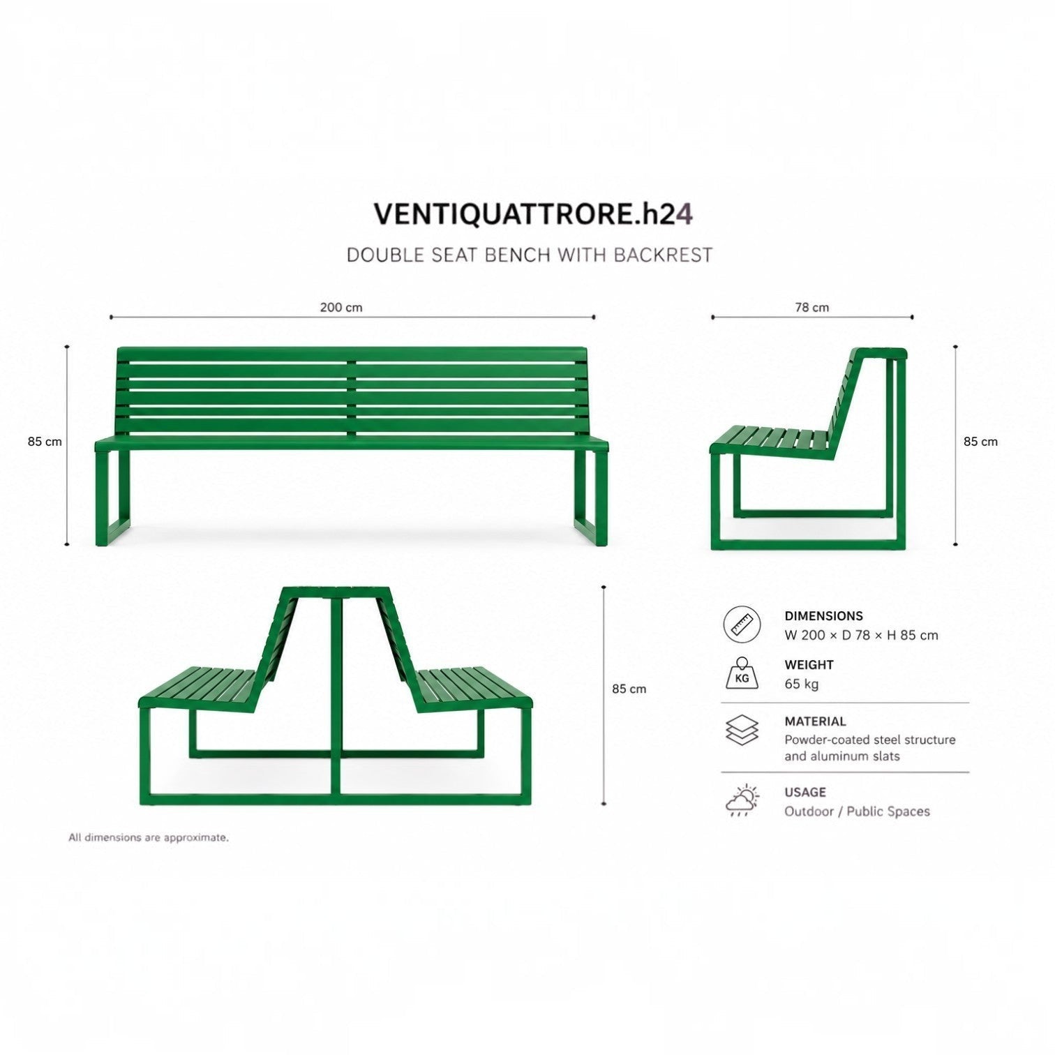 Addo Shop Ventiquattrore.h24 green double-sided outdoor bench with powder-coated steel and aluminum slats.