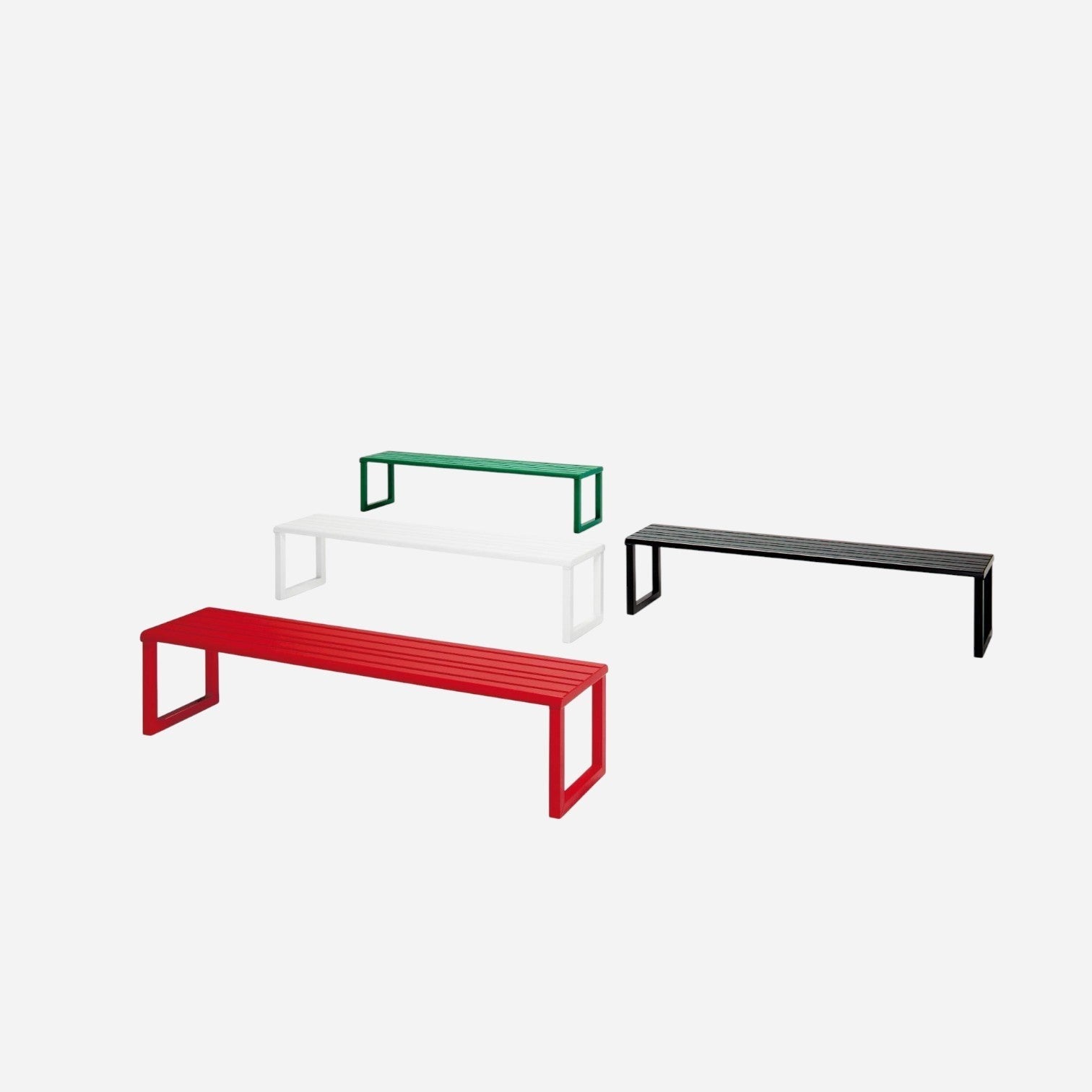 Addo Shop Ventiquattrore.h24 flat benches in red, white, green, and black with a minimalist slatted metal design.