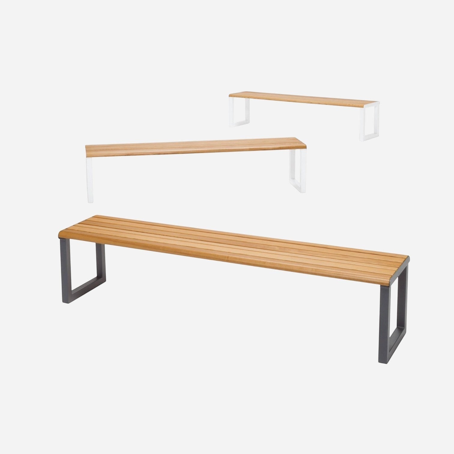 Addo Shop Ventiquattrore.h24 flat bench with wooden slats and modern metal U-shaped legs in white and dark grey.