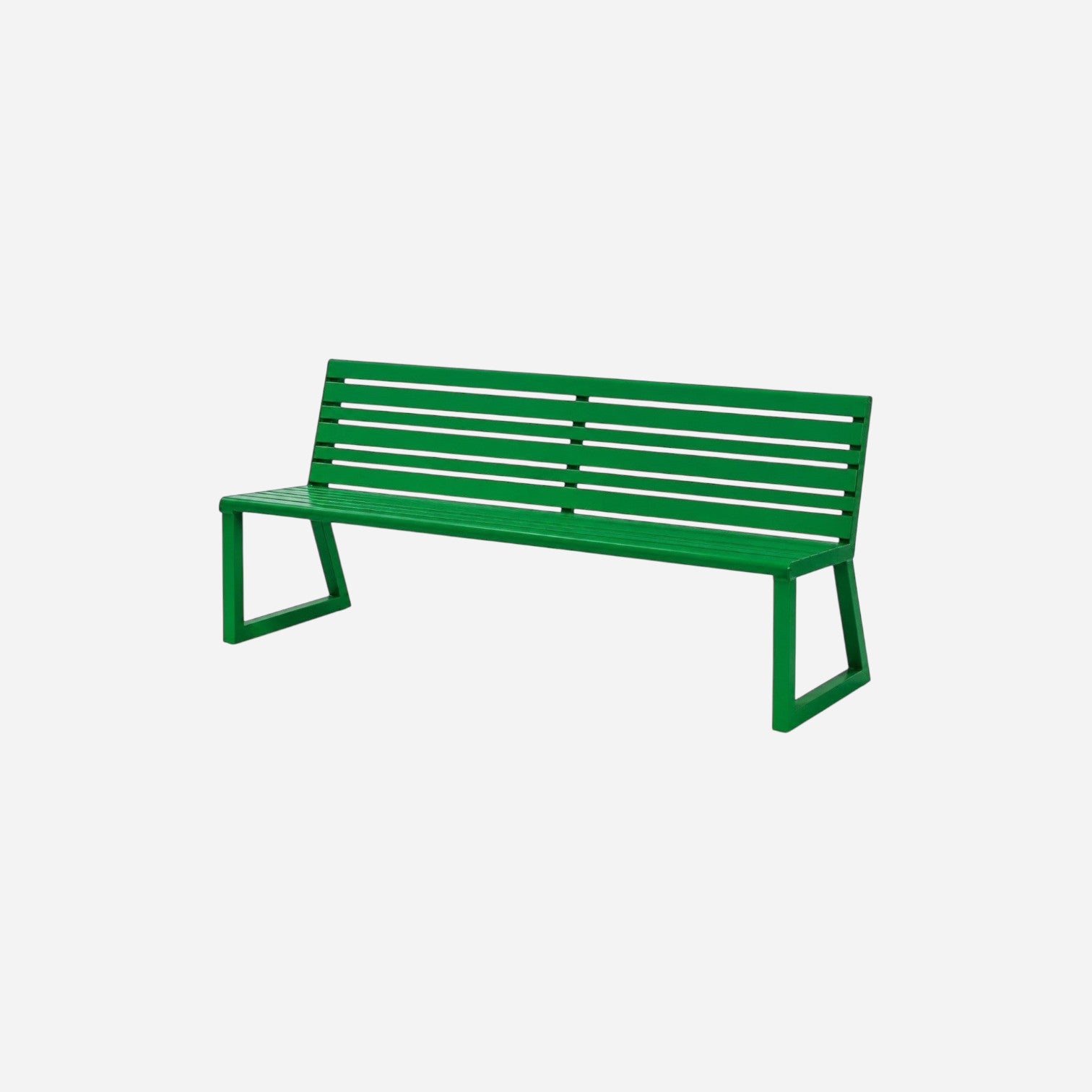Addo Shop Ventiquattrore.h24 green metal outdoor bench with a slatted backrest and modern angular frame design.