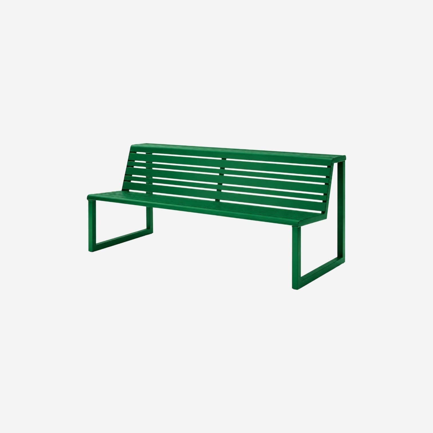 Addo Shop Ventiquattrore.h24 green metal double seat bench with a slatted backrest and modern minimalist frame.