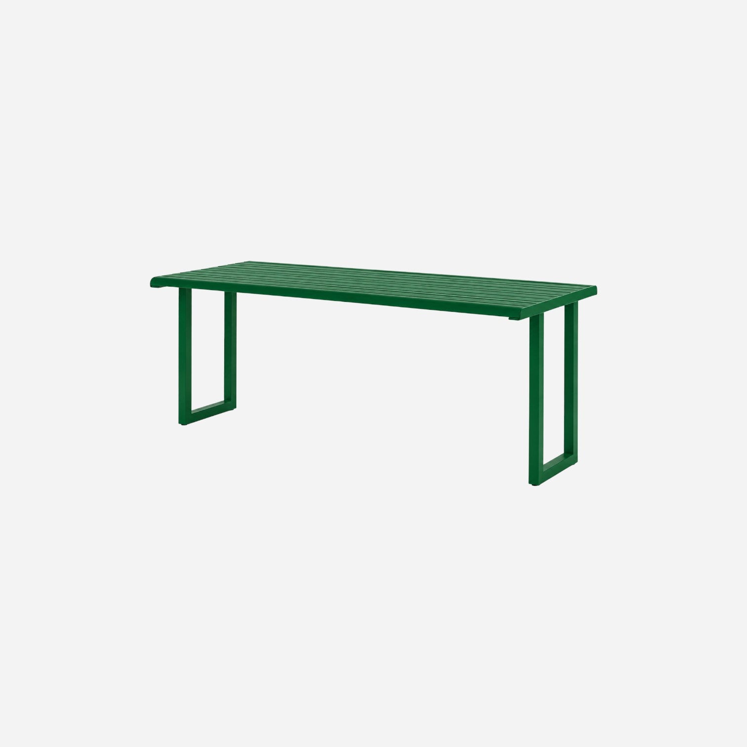 Addo Shop Ventiquattrore.h24 table in dark green metal with a slatted rectangular top and modern U-shaped legs.