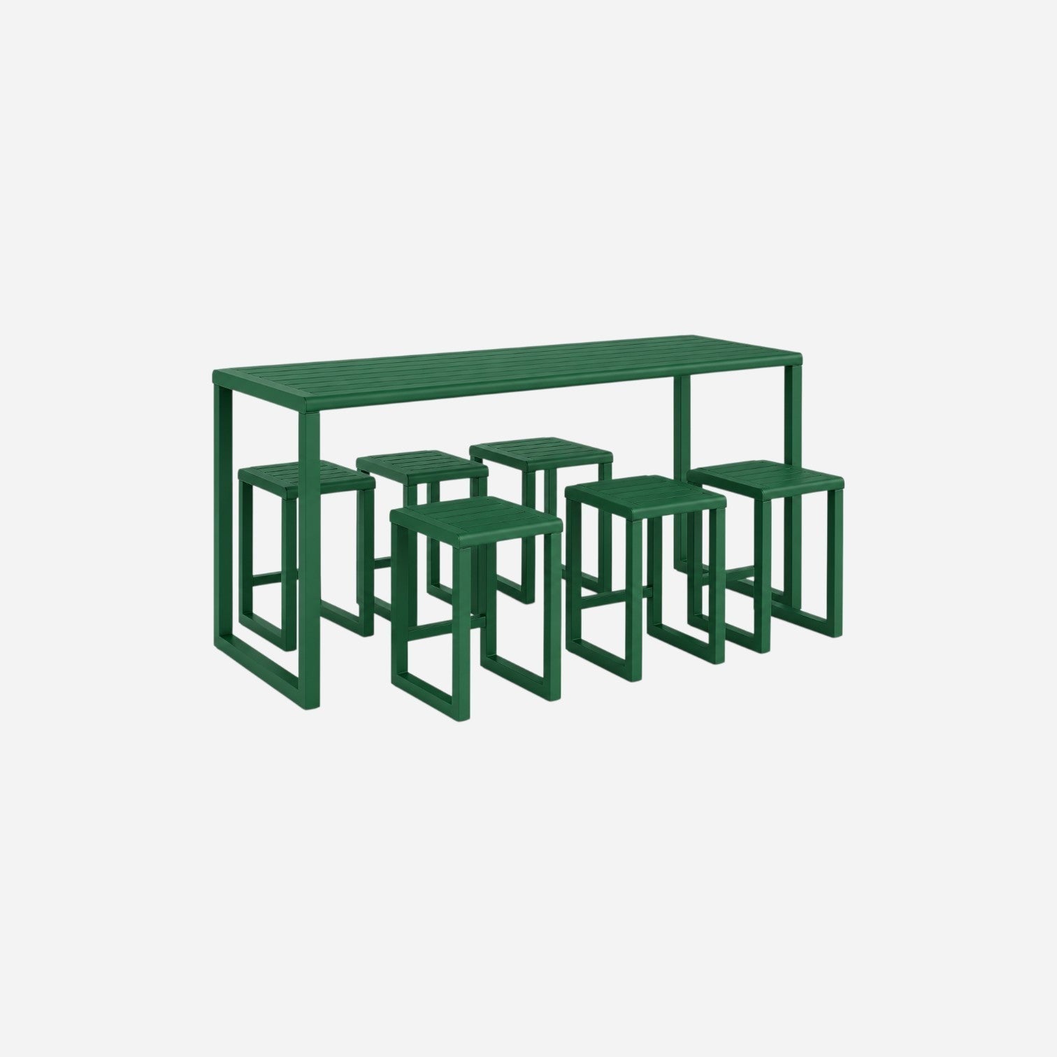 Addo Shop Ventiquattrore.h24 dark green metal free-standing table with matching stools in a minimalist design.
