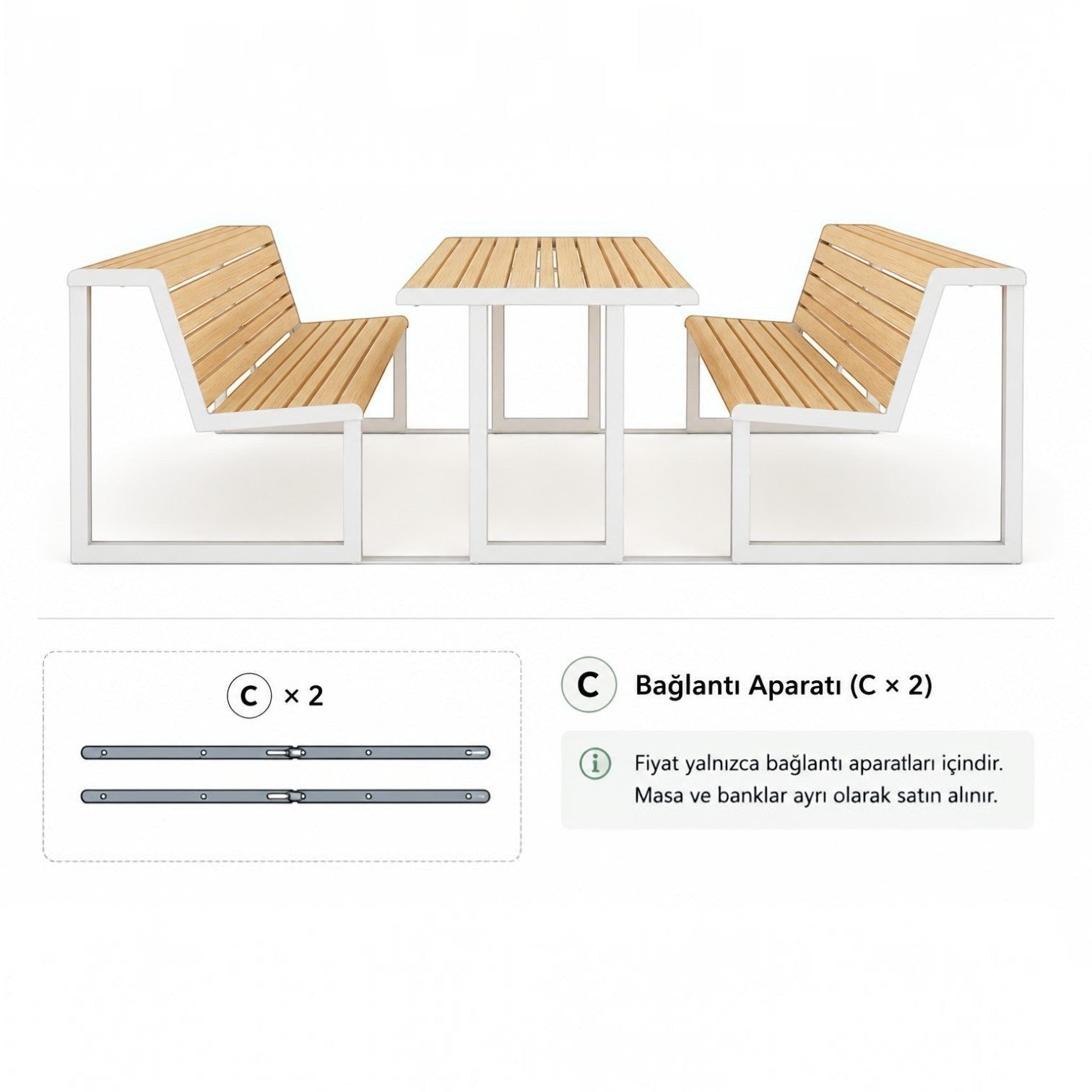Addo Shop Ventiquattrore.h24 linking system for connecting a table and two benches with wooden slats and white frames.