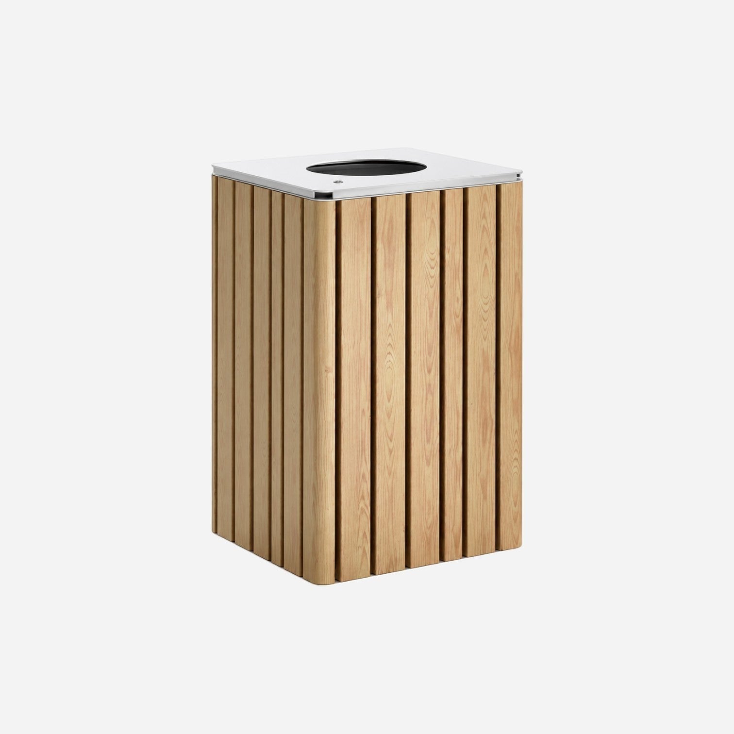Addo Shop VENTIQUATTRORE.h24 litter bin featuring vertical light wood slats and a modern stainless steel top.