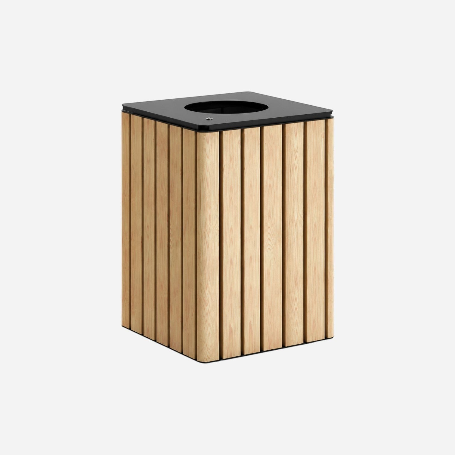 Addo Shop VENTIQUATTRORE.h24 litter bin featuring vertical light wood slats and a modern black metal top.