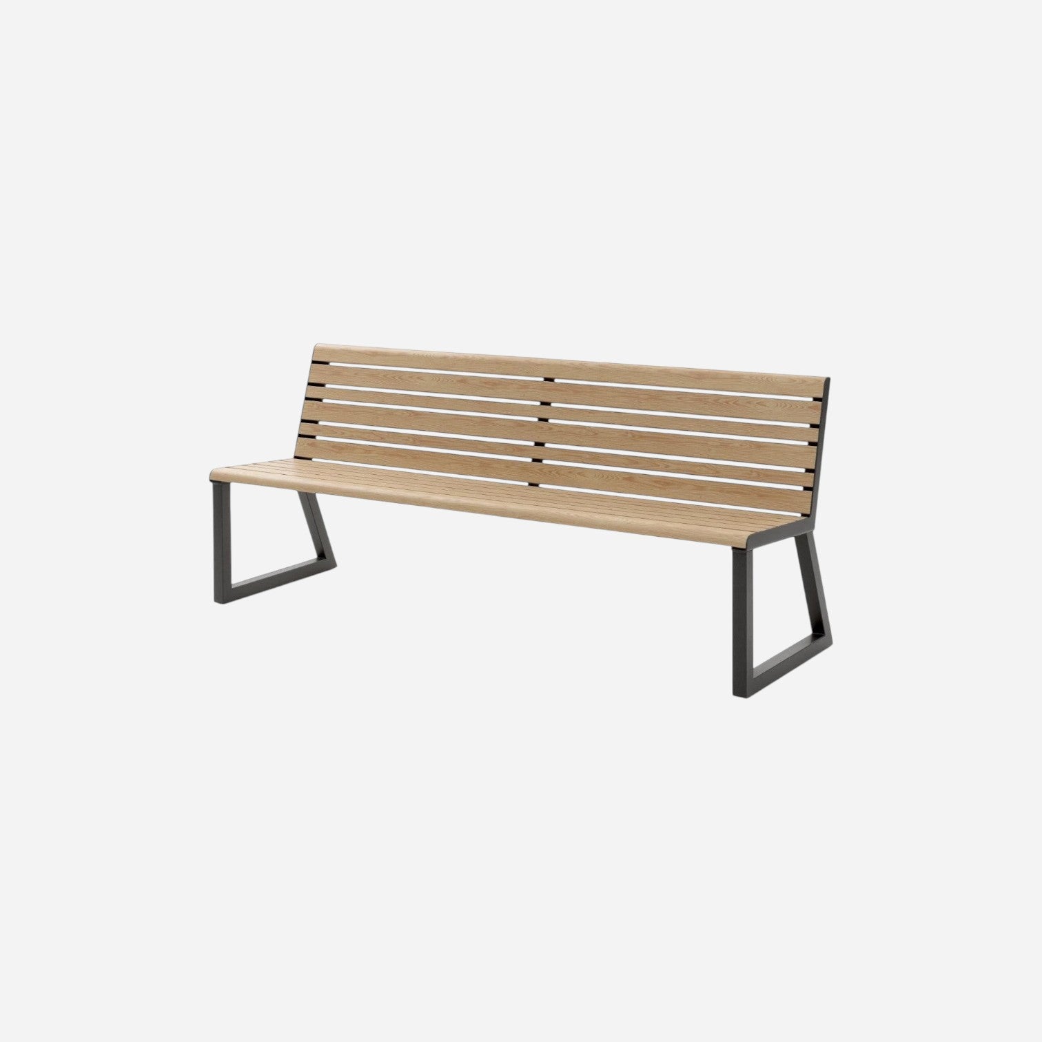 Addo Shop Ventiquattrore.h24 outdoor bench with light wood slats and a modern black metal frame and backrest.