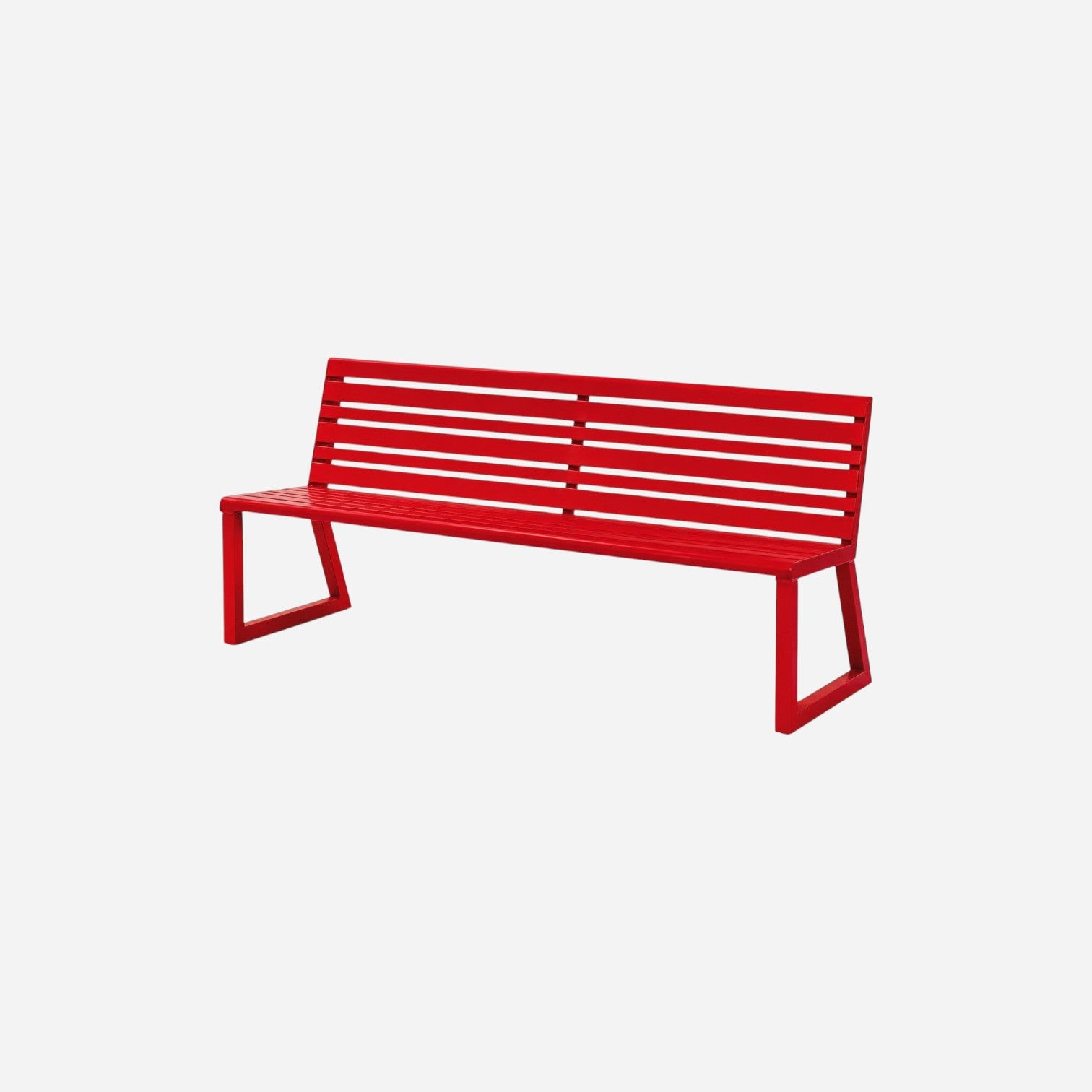 Addo Shop Ventiquattrore.h24 red metal outdoor bench with a slatted backrest and modern angular frame design.