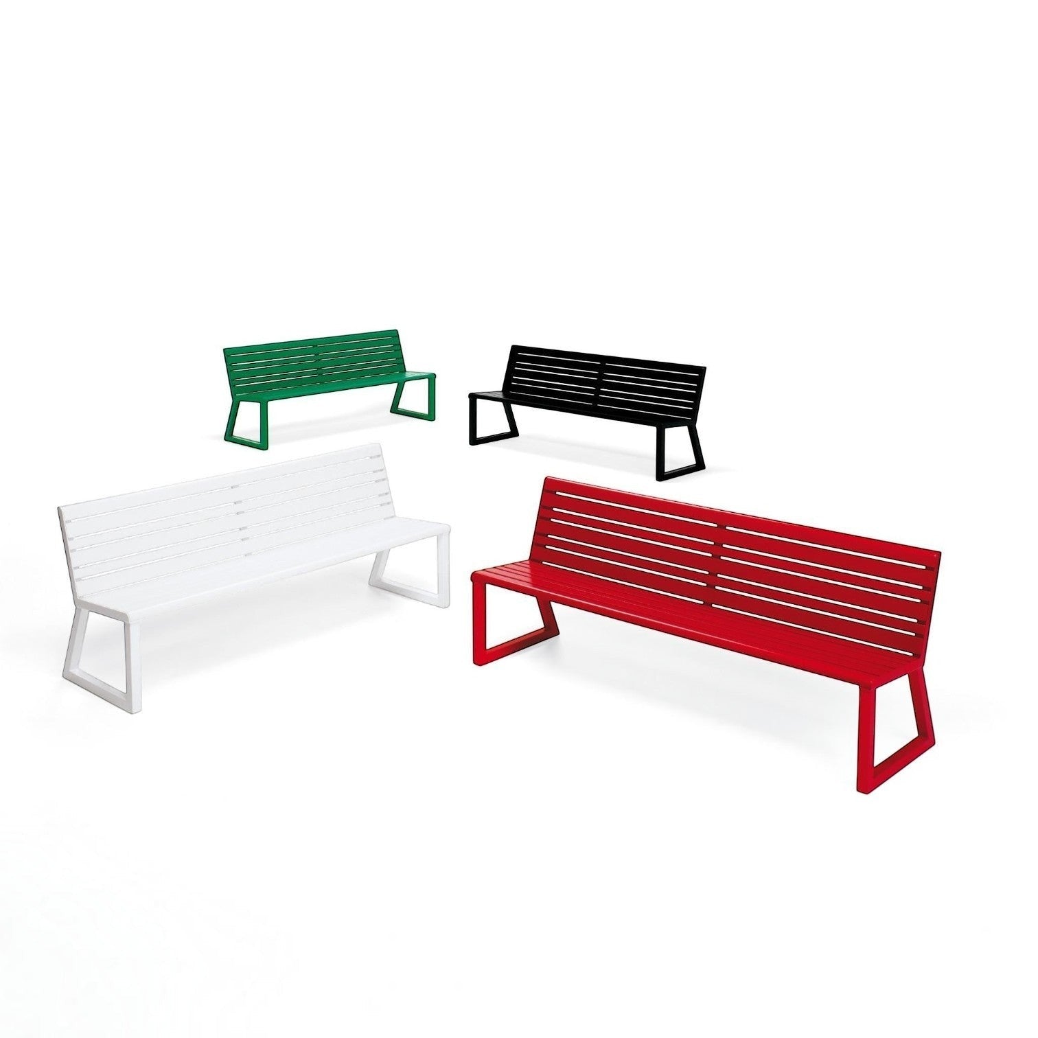 Addo Shop Ventiquattrore.h24 benches with backrests in white, red, green, and black metal slat designs.