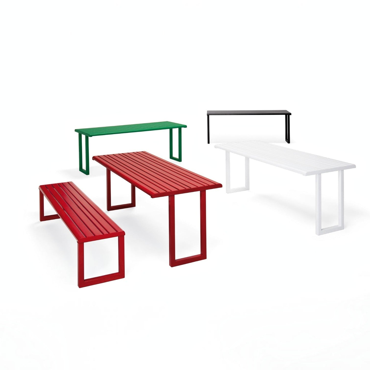 Addo Shop Ventiquattrore.h24 tables in red, green, white, and black with slatted tops and minimalist metal frames.