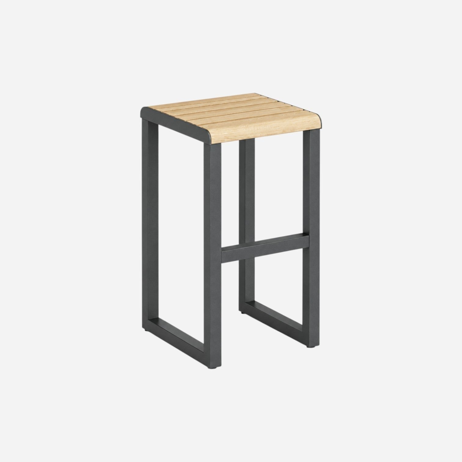 Addo Shop Ventiquattrore.h24 stool with a light wood slatted seat and a sturdy dark grey metal frame.