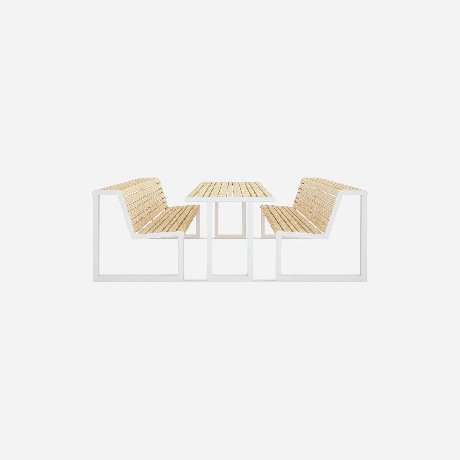 Addo Shop Ventiquattrore.h24 outdoor table and double bench set with white metal frames and light wood slats.