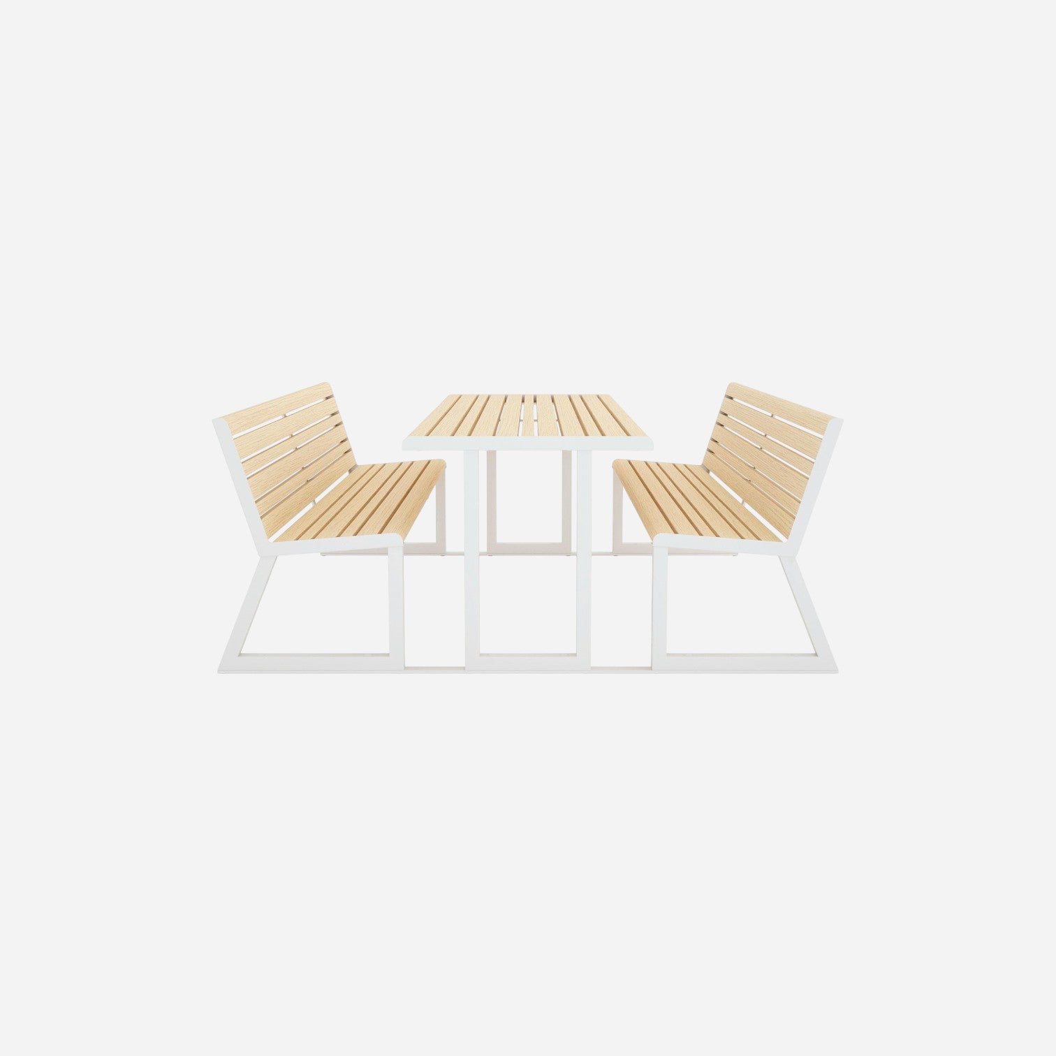 Addo Shop Ventiquattrore.h24 linking table and double bench set with white metal frames and light wood slats.