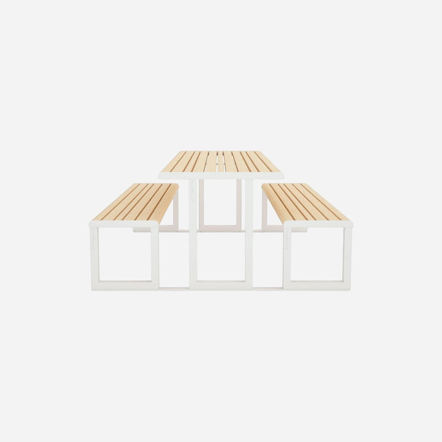 Addo Shop Ventiquattrore.h24 outdoor table and bench set with white metal frames and light wood slat seating.