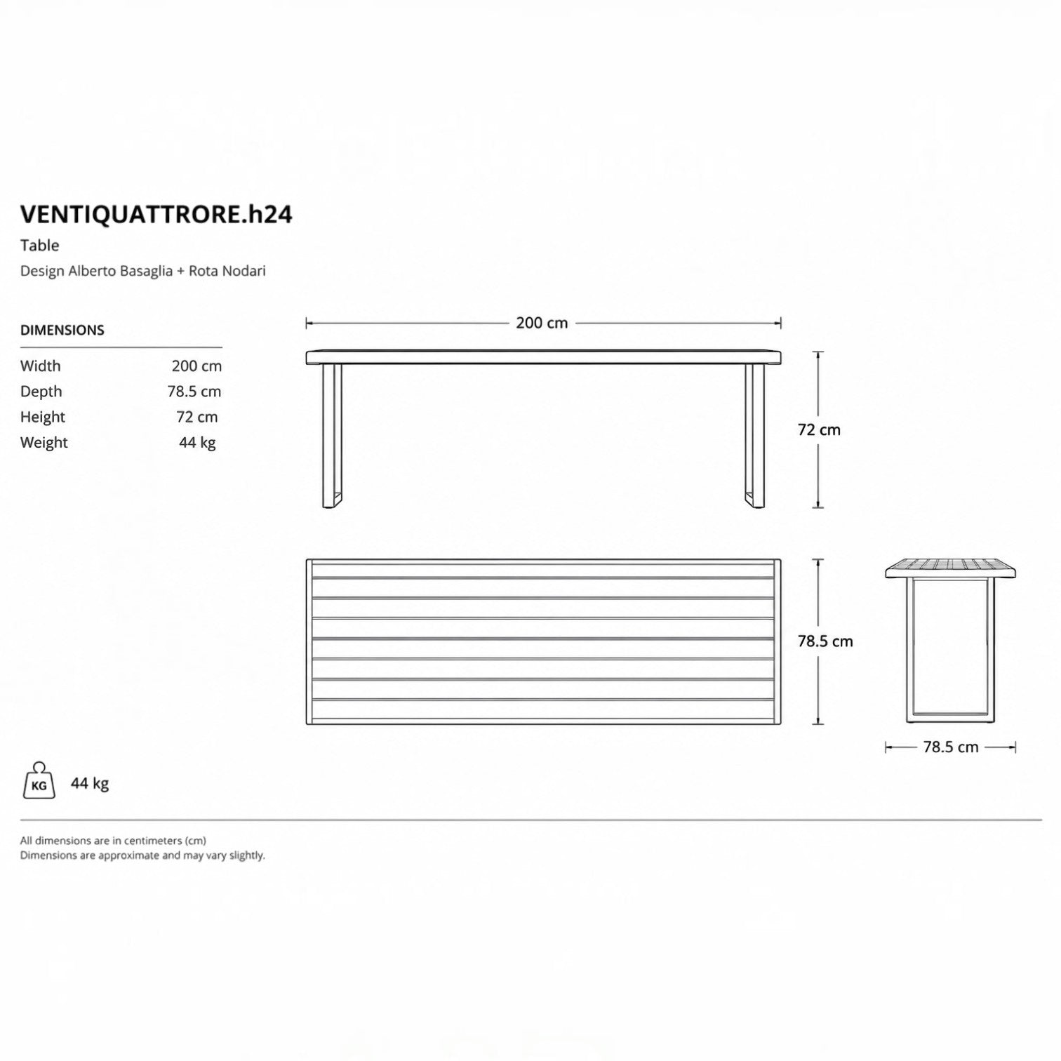 Technical drawing of the Addo Shop Ventiquattrore.h24 table showing dimensions, top view, and side profile.