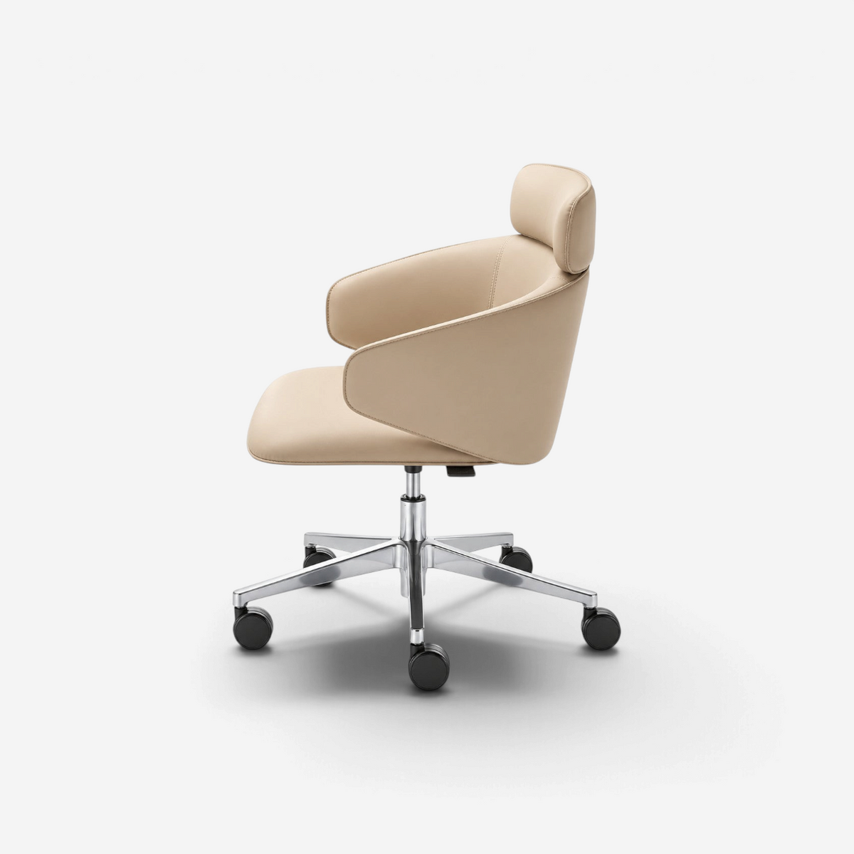 Addo Shop Wing High office chair in beige with a high backrest, head support, and polished chrome star base.