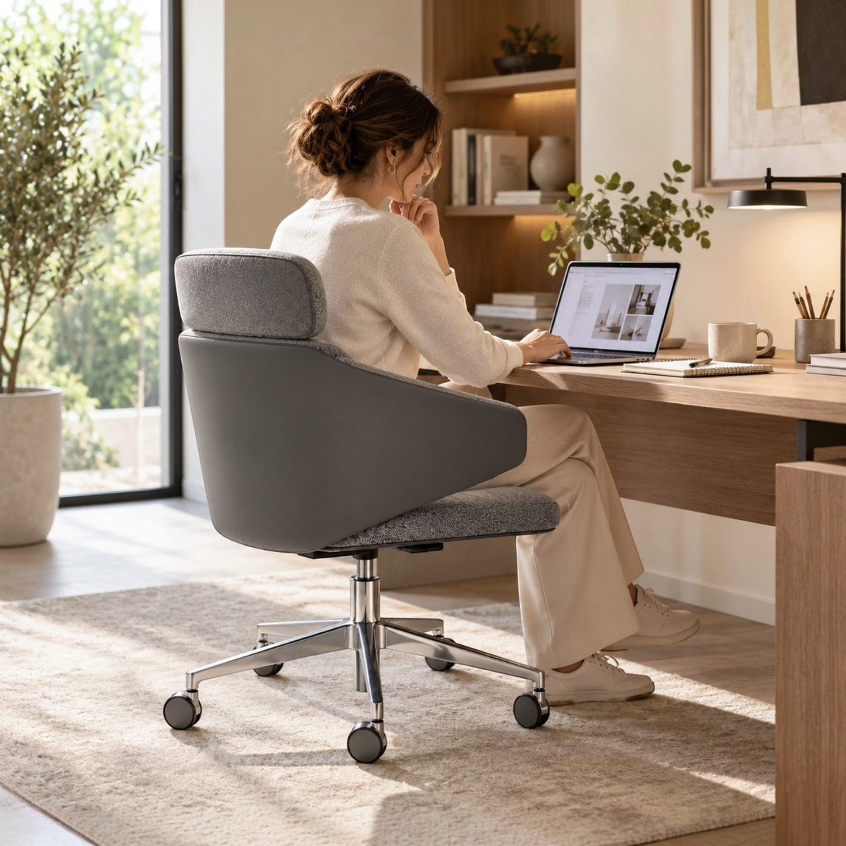 Addo Shop Wing High office chair in grey with a chrome star base, featuring a high backrest and head support.
