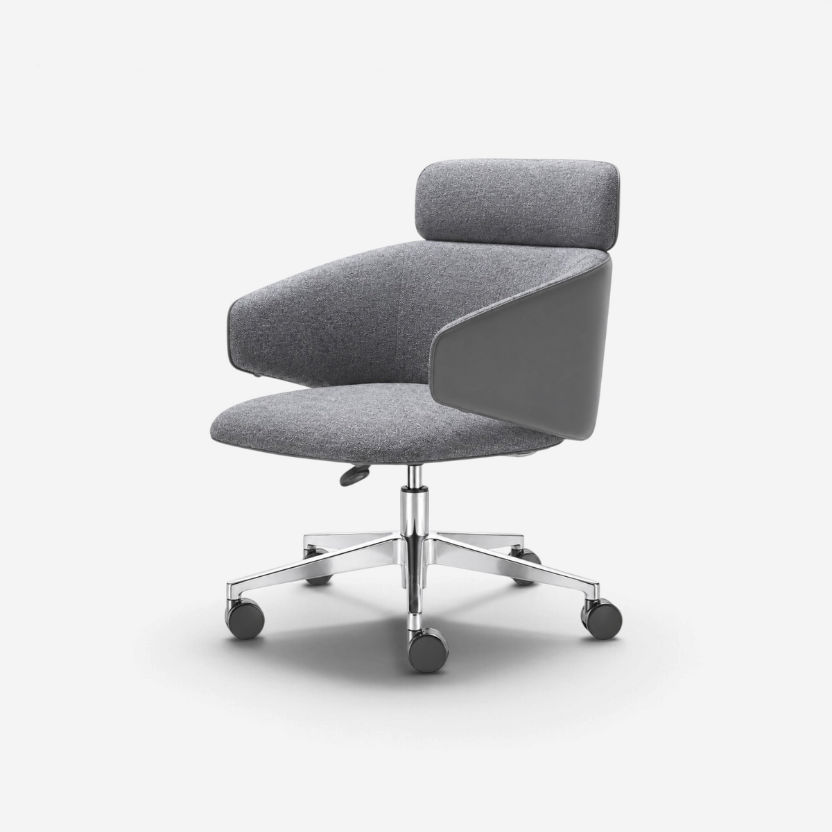 Addo Shop Wing High office chair in light grey fabric with a chrome star base and integrated headrest.