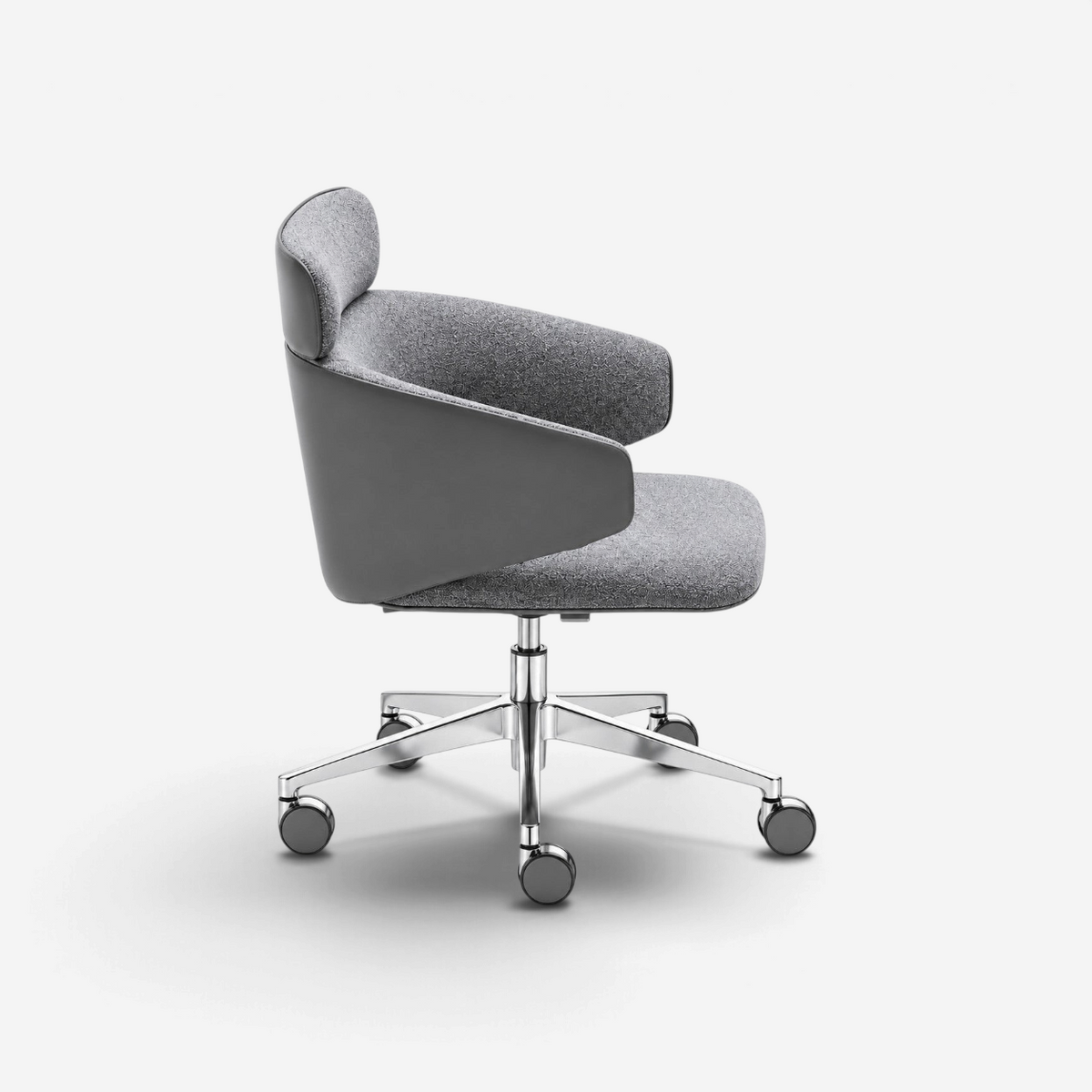 Addo Shop Wing High office chair in light grey fabric with a chrome star base and integrated headrest, side view.