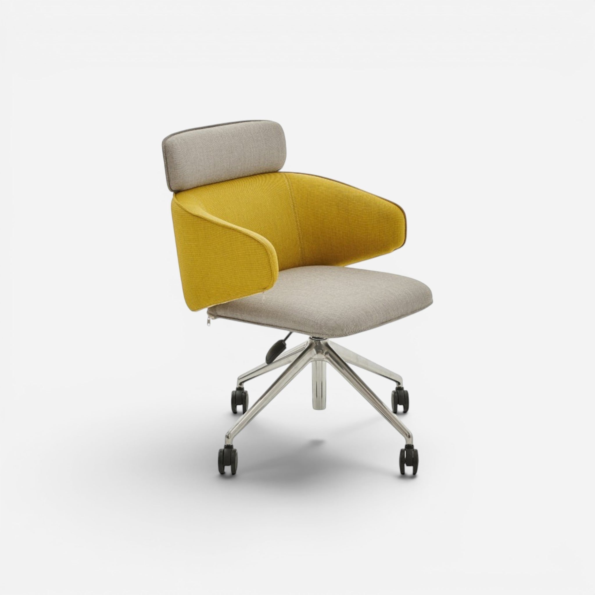 Addo Shop Wing High office chair with yellow and grey fabric upholstery, aluminum base, and wheels.
