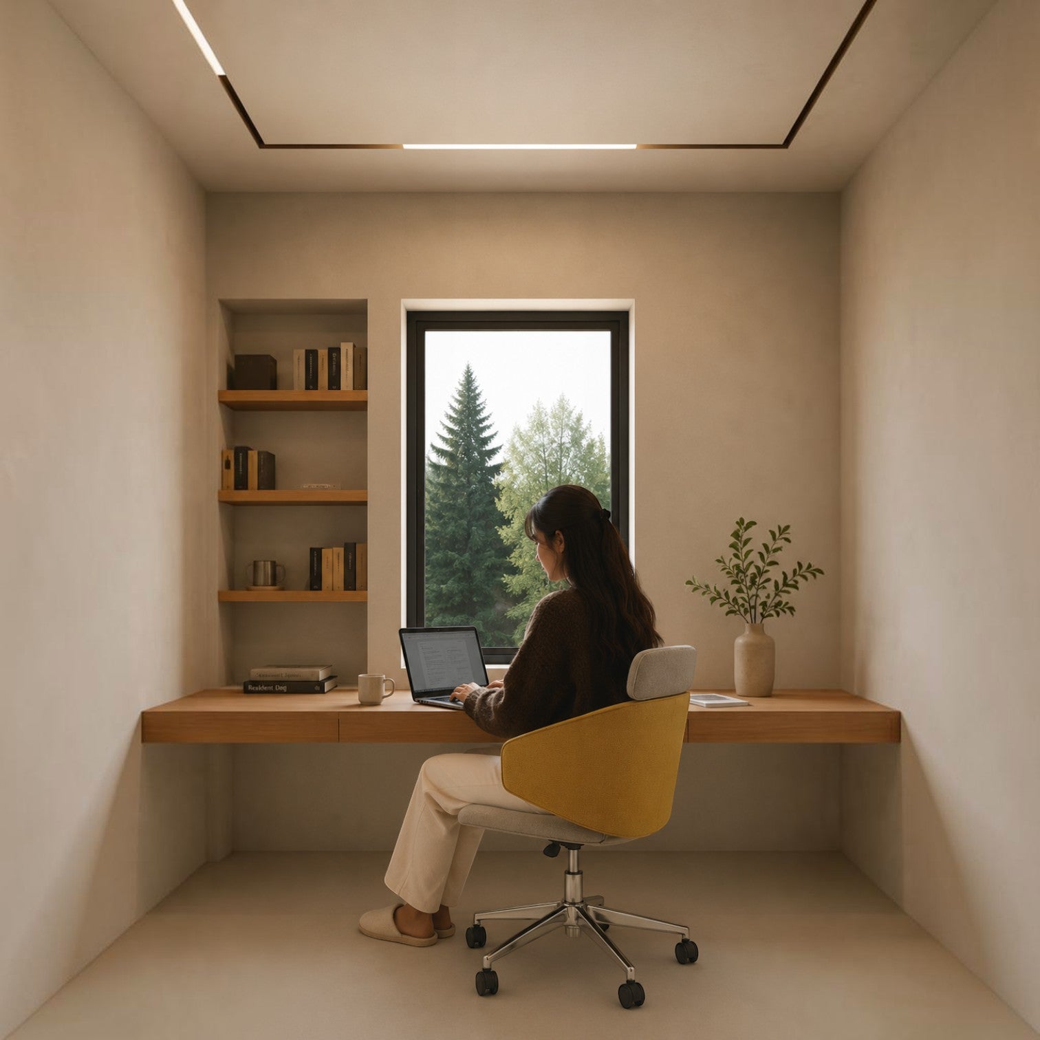 Addo Shop Wing High Office Chair with yellow upholstery and chrome base in a cozy home office with a window view.