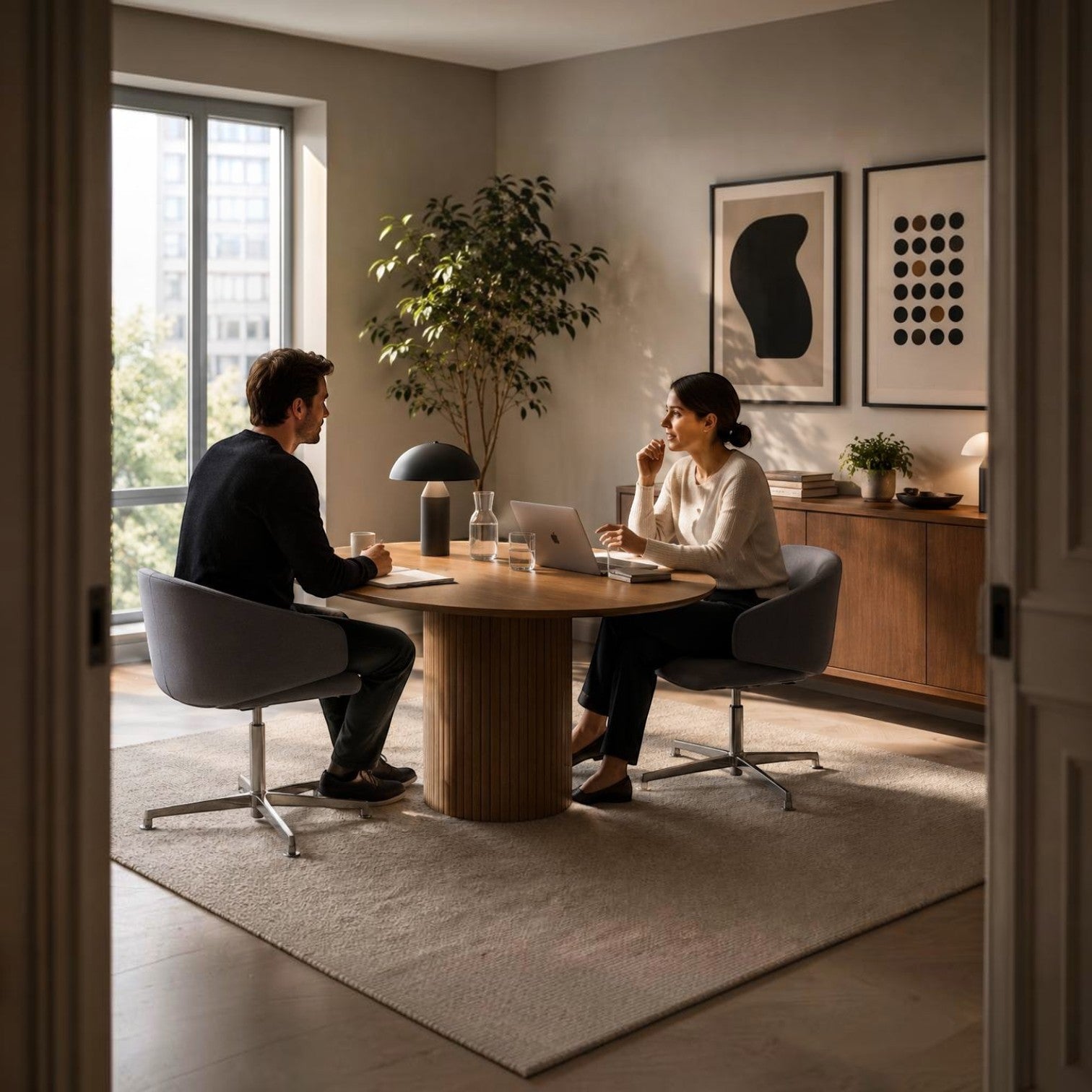 Addo Shop Wing Low lounge chairs with grey upholstered shells and polished aluminum swivel bases in a modern office.