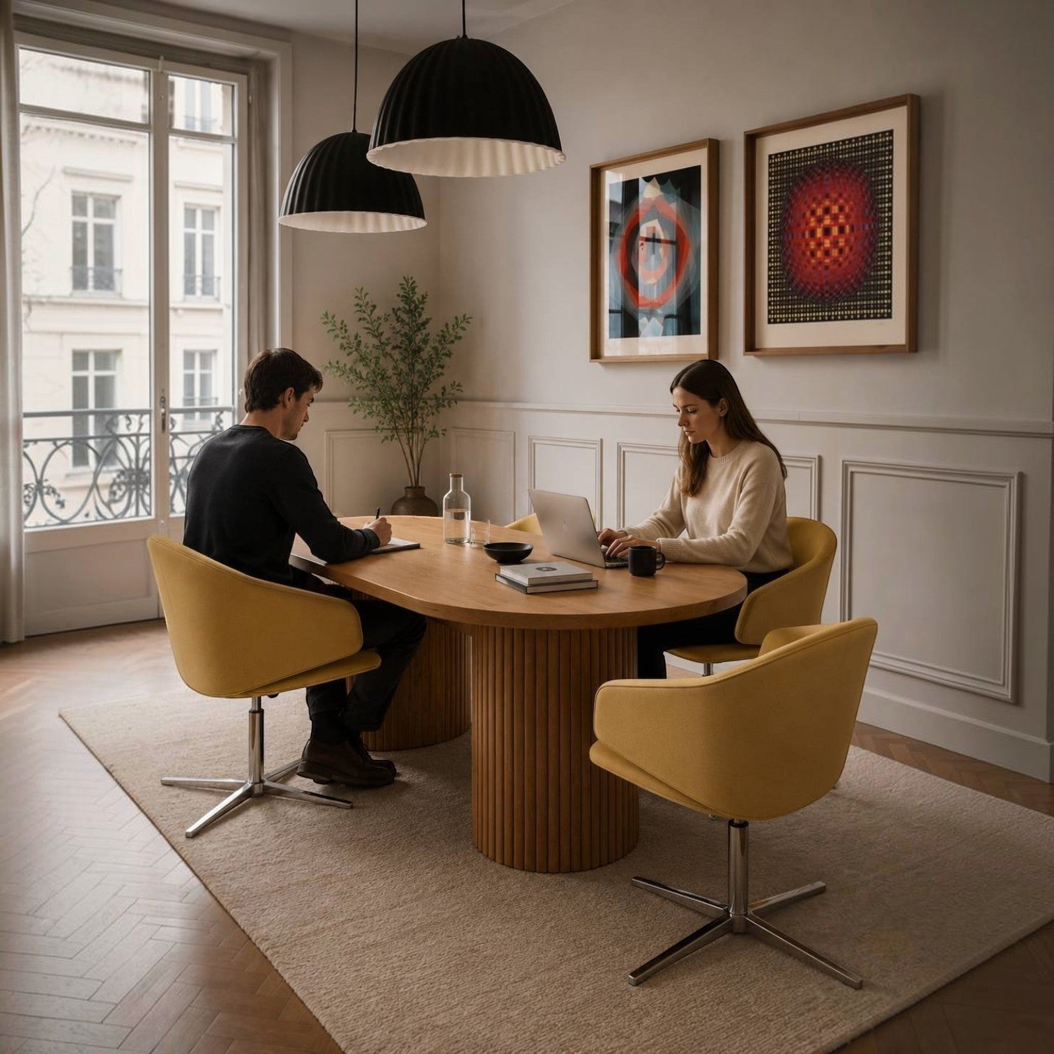 Addo Shop Wing Low lounge chairs in yellow fabric with chrome swivel bases around a wooden table in a modern office.