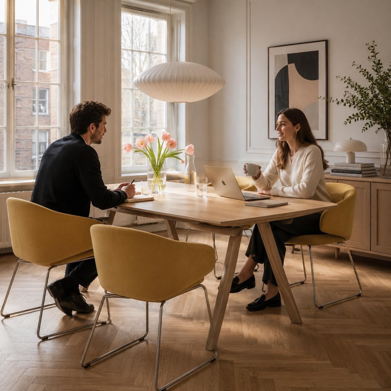 Addo Shop Wing Low lounge chairs in mustard yellow fabric with chrome sled bases in a modern bright dining room setting