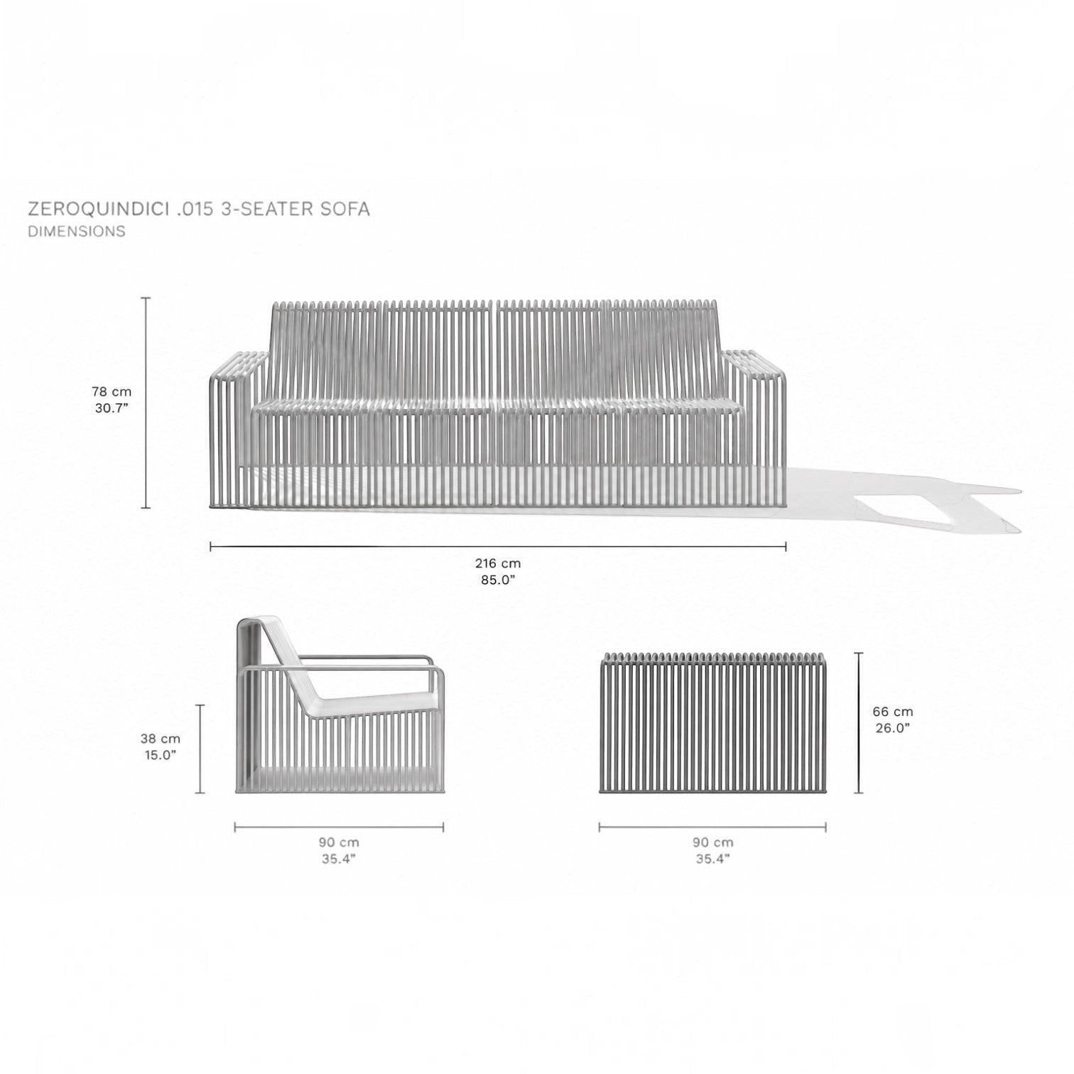 Addo Shop Zeroquindici .015 3-seater sofa with a modern slatted metal design and technical dimension specifications.