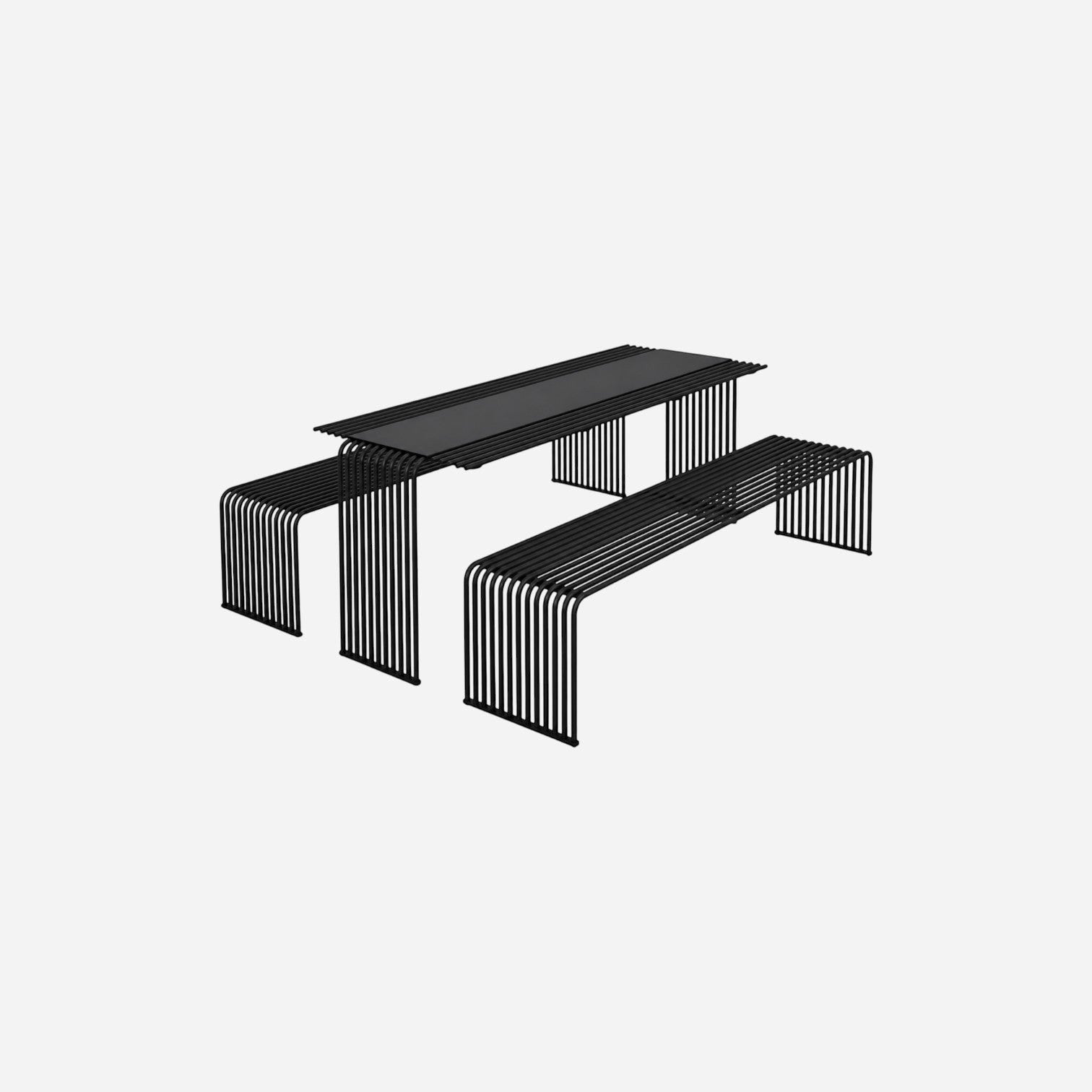 Addo Shop Zeroquindici .015 black metal dining table and matching bench set with modern slatted design.