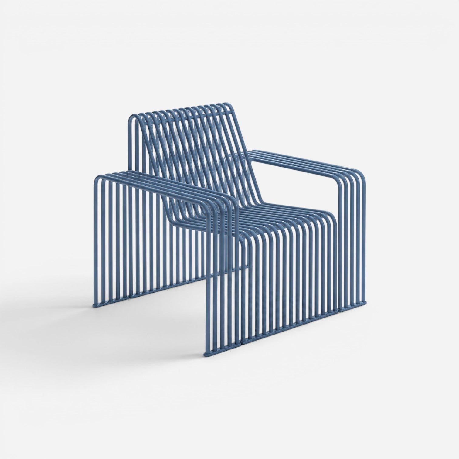 Addo Shop Zeroquindici .015 blue metal sofa with armrests featuring a minimalist linear rod design.