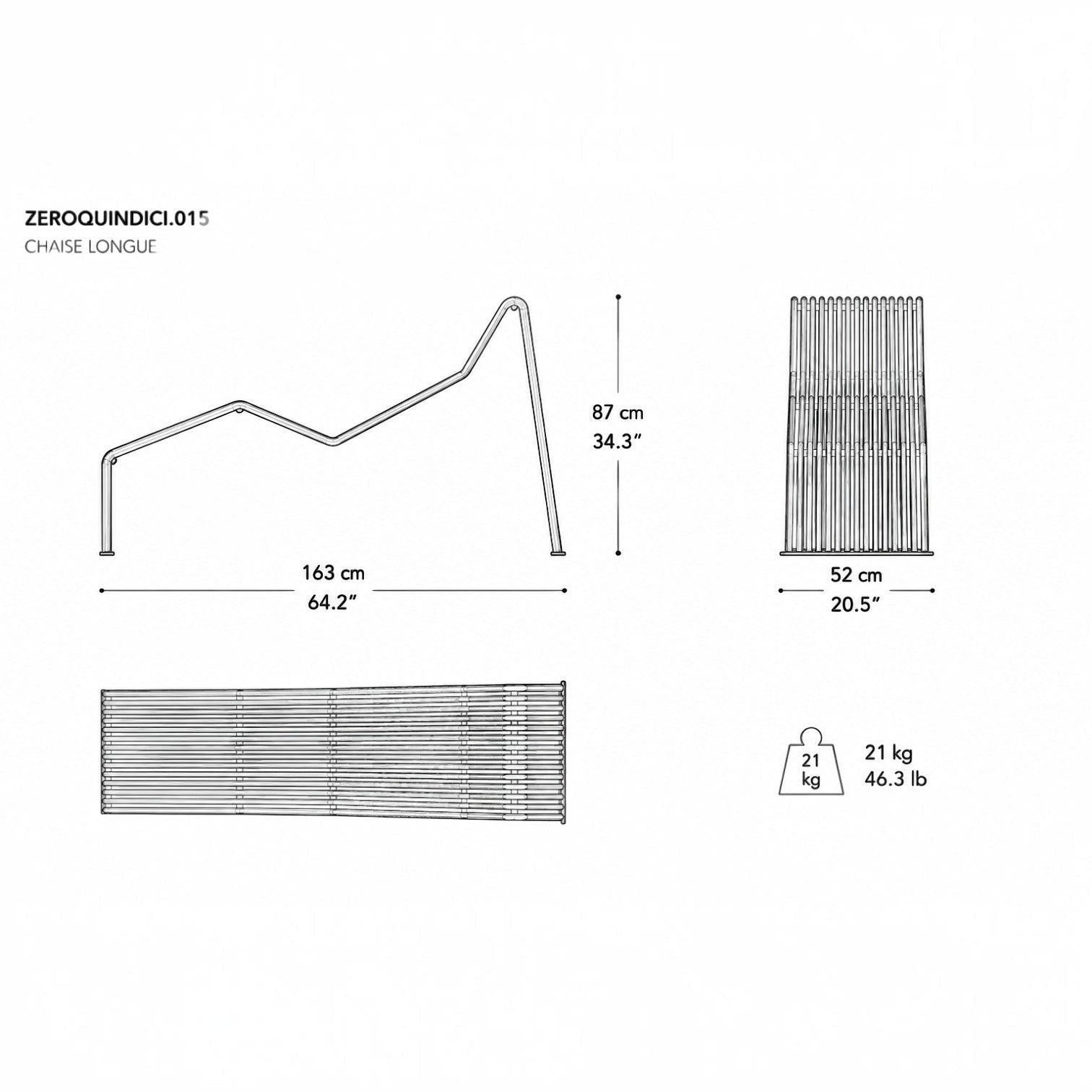 Technical drawing of the Addo Shop Zeroquindici .015 chaise longue showing dimensions and structural design.
