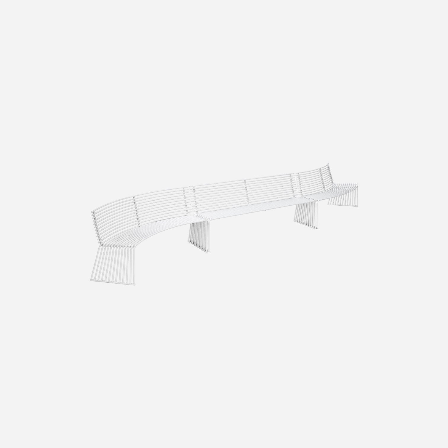 Addo Shop ZEROQUINDICI.015 white metal curved bench with backrest and slatted design for modern outdoor seating.