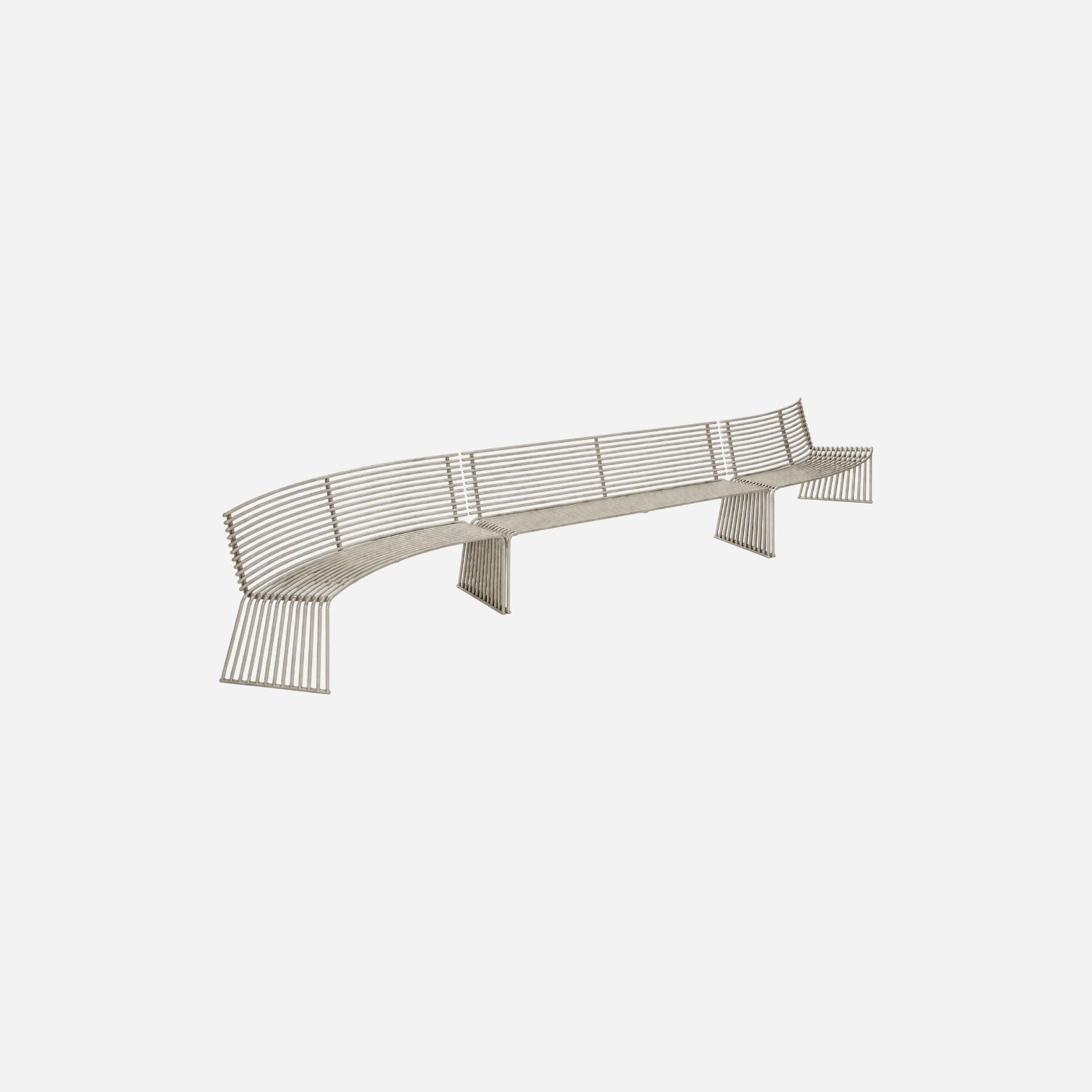 Addo Shop ZEROQUINDICI.015 modular curved metal bench with backrest in a light grey finish for modern outdoor seating.