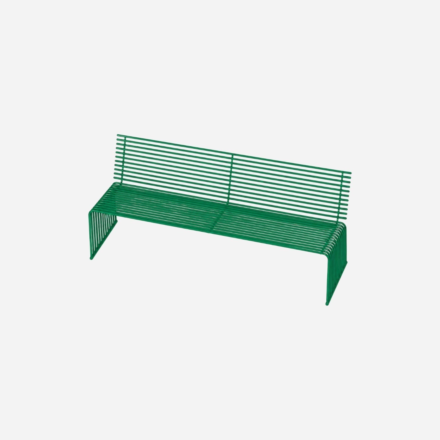 Addo Shop Zeroquindici .015 green metal slatted outdoor bench with a modern minimalist backrest design.
